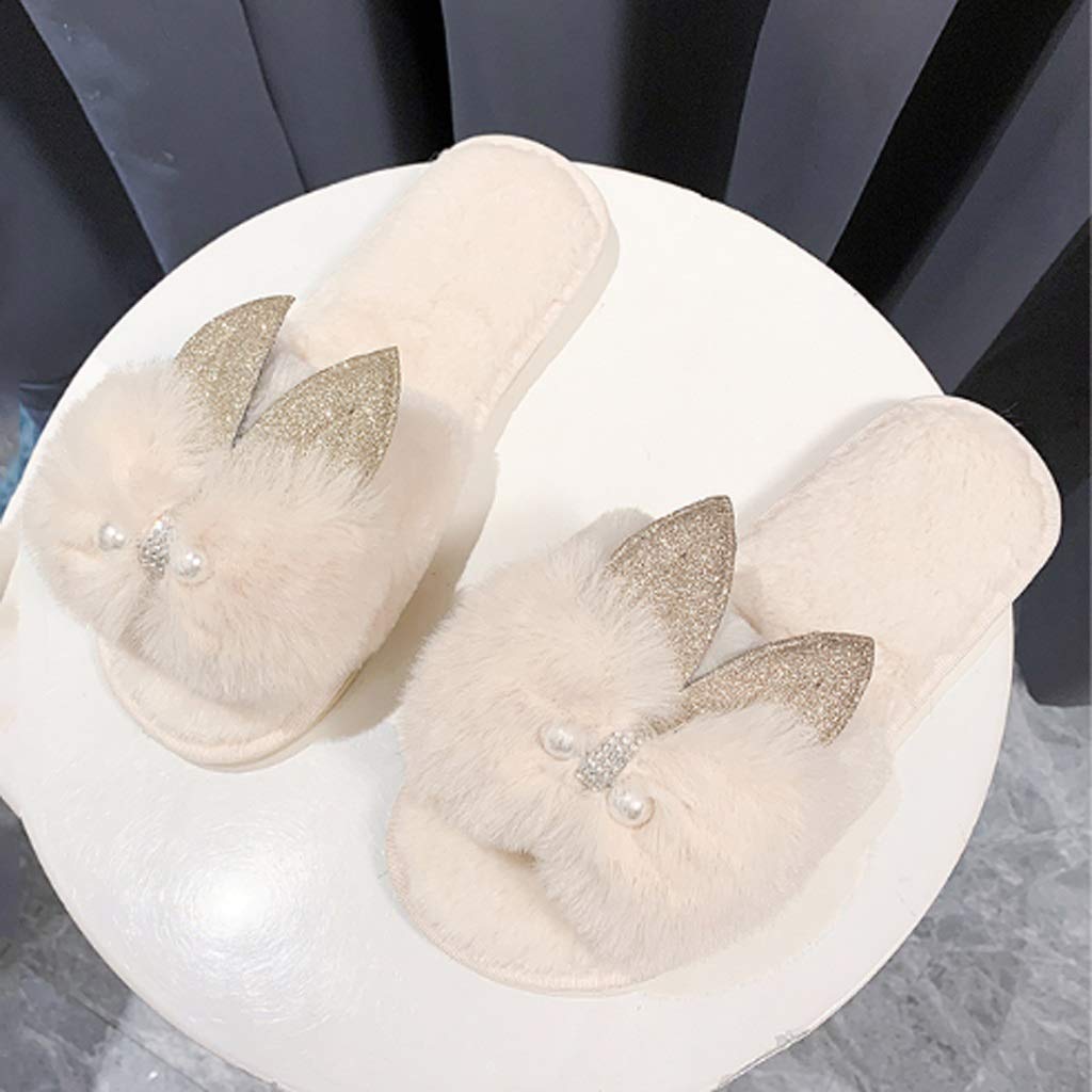 Warm Faux Fur Women's Winter Slippers with Rabbit Ears - Cozy Indoor House Shoes for Women - Beige Size 36 - Perfect for Home, Lounge & Cold Weather Comfort