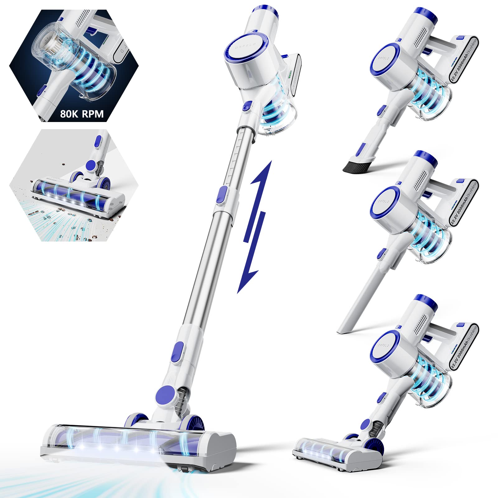 ORFELD 6-in-1 Cordless Vacuum Cleaner with 24000Pa Powerful Suction, Brushless Motor, 40 Min Runtime & Detachable Battery - Lightweight Rechargeable Stick Vacuum for Carpet, Hardwood Floors & Pet Hair | Perfect for Home Cleaning, Car Detailing & Pet Owners