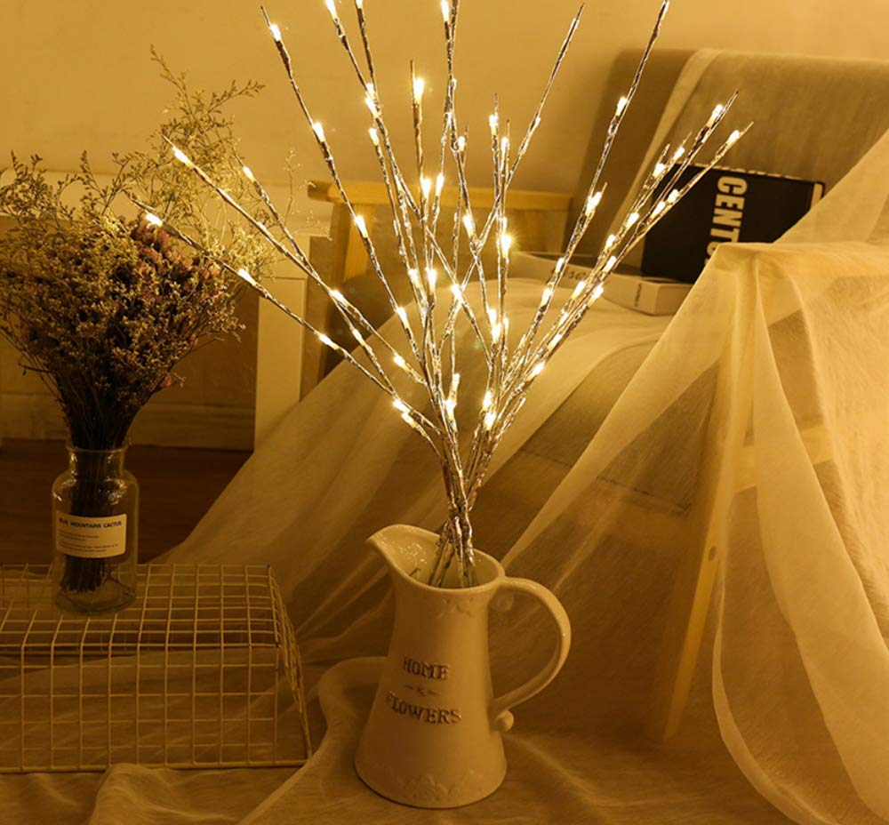 2 Pack LED Lighted Silver Twig Branches - 20 Warm White Battery Powered Decorative Lights for Christmas, Home, Garden, Party & Wedding Decor | Indoor & Outdoor Holiday Decorations