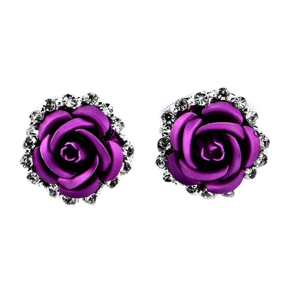 HSQYT Silver Plated Rose Flower Stud Earrings - 20mm Simulated Coral & Crystal Floral Charm Earrings for Women | Elegant Purple Rose Jewelry for Daily Wear, Parties & Gifts