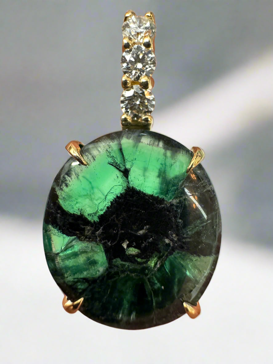 12.32tcw Oval Trapiche Colombian Emerald & Diamond Accented 18K Gold Pendant Necklace for Women - Elegant Jewelry Gift for Birthday, Anniversary & Special Occasions