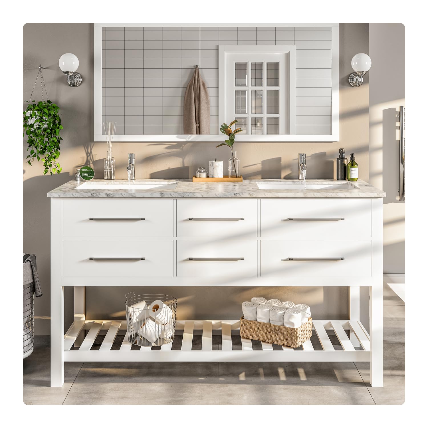 Eviva 60 Inch Modern Bathroom Vanity Set with Porcelain Sink & Marble Top - Double Sink Vanity Cabinet with Sturdy Legs - Perfect for Master Bathroom, Guest Bath or Powder Room Renovation