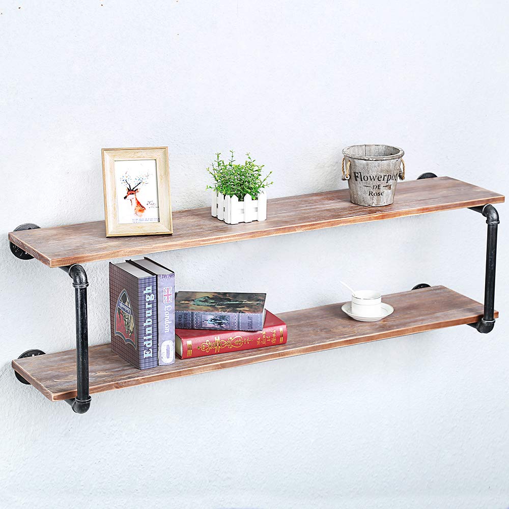 Industrial Pipe Floating Shelves for Wall - 48in 2-Tier Metal & Wood Wall Mounted Shelving - Perfect for Living Room, Bedroom, and Office Storage & Display