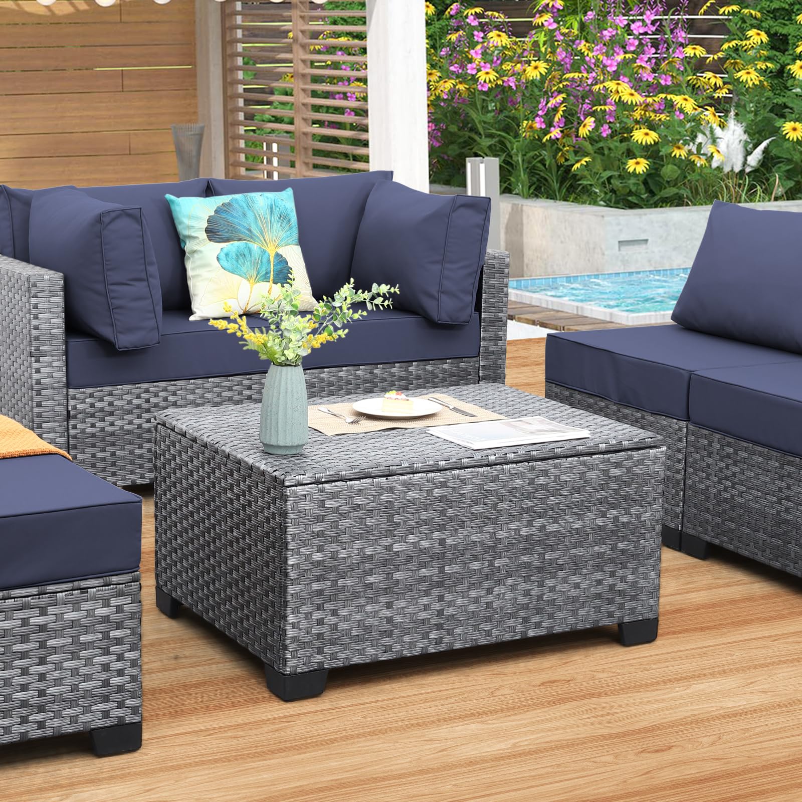 Outdoor PE Wicker Coffee Table - Waterproof Resin Rattan Patio Table with Storage Bag | Garden Furniture for Backyard, Balcony & Poolside | Grey Weatherproof Side Table for Outdoor Living Spaces
