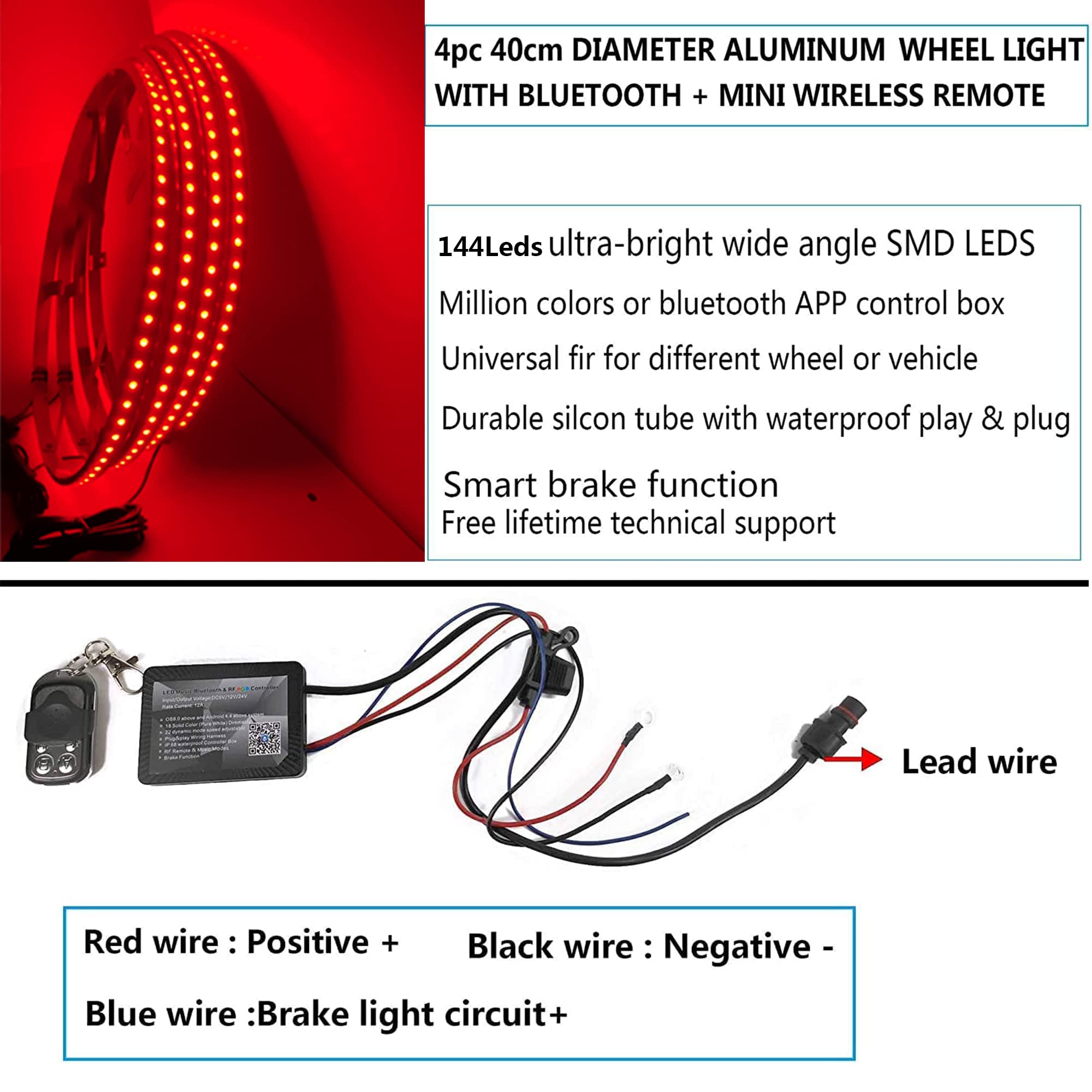 4Pcs 15.5in RGBW Wheel Ring Lights with Braking Function - IP68 Waterproof RGB + White LED Wheel Well Lights, Rim Lights, Tire Lights - APP & RF Remote Control for Truck, Car, SUV, Pickup - Perfect for Off-Roading, Car Shows & Night Driving