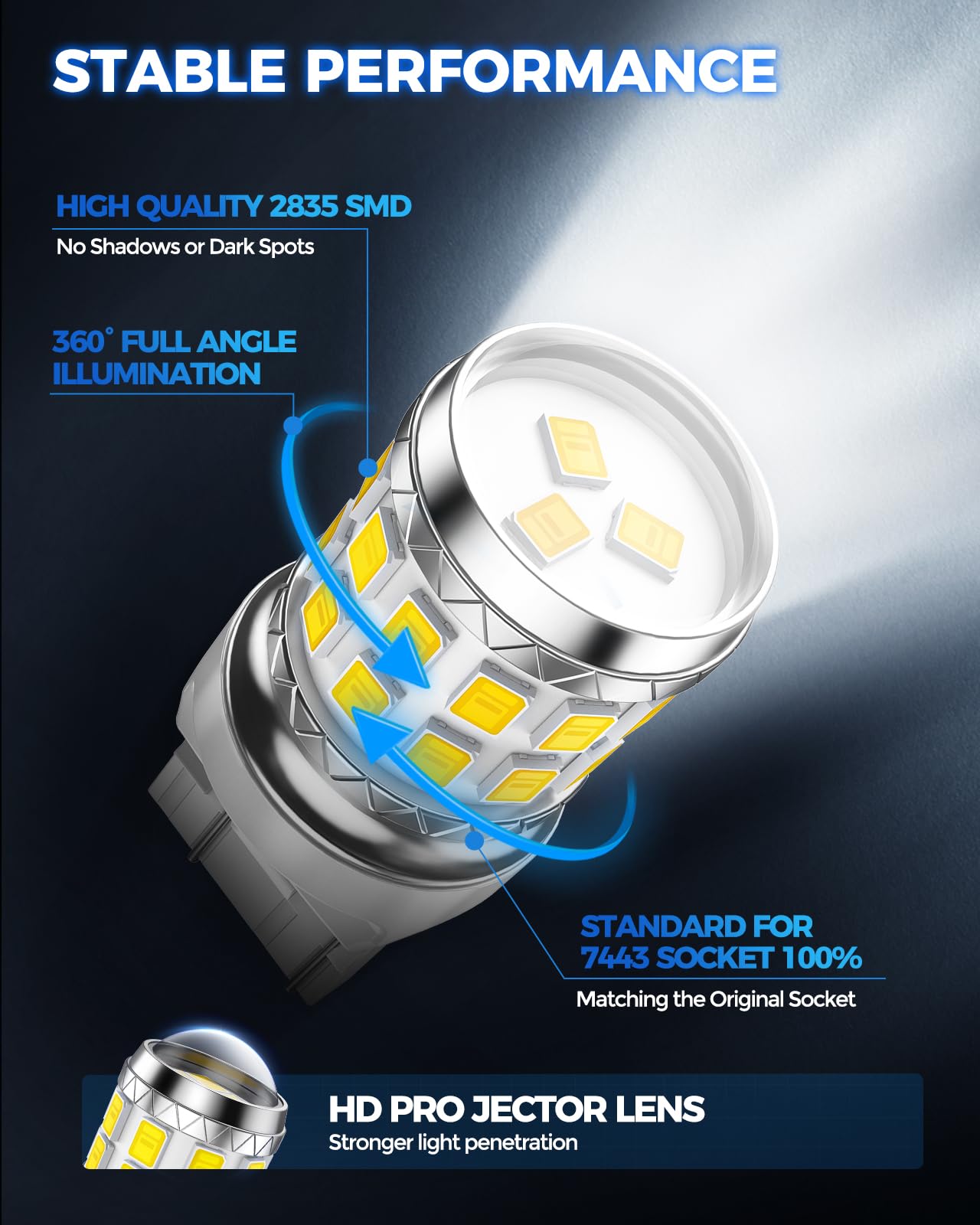 MarsAuto 7443 7440 LED Bulbs - Super Bright T20 7441 7444 992 W21W Replacement Bulbs for Reverse/Tail/Brake/Turn Signal/Parking Lights - Xenon White 6000K (Pack of 2) - Perfect for Car, Truck, SUV Nighttime Visibility & Safety