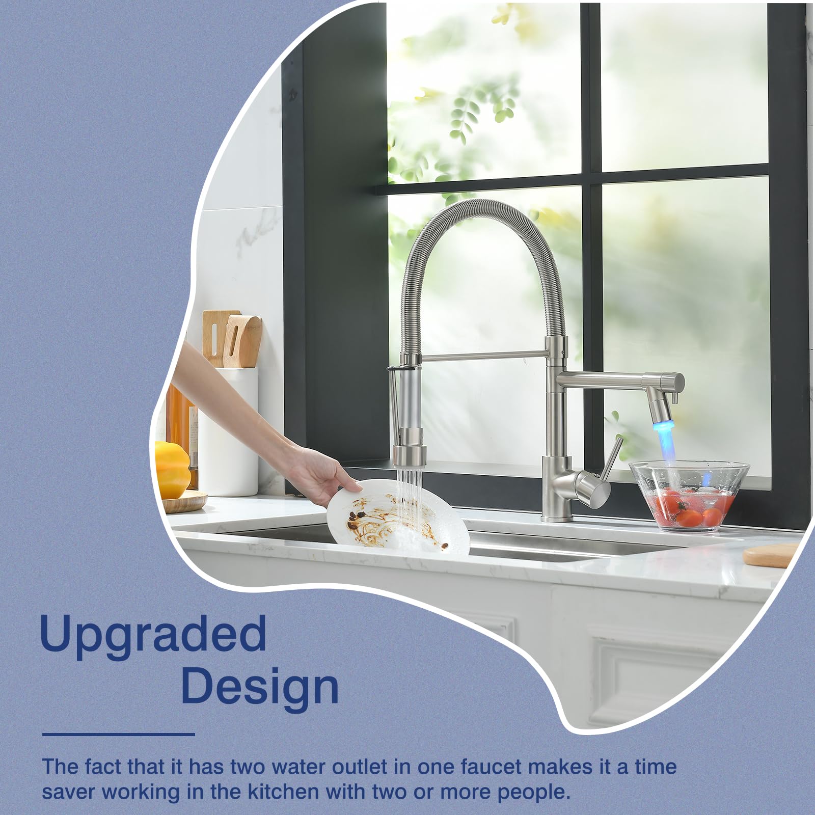 Fapully Commercial Single Handle Kitchen Faucet with Pull Down Sprayer & LED Light - Brushed Nickel Finish for Modern Kitchens and Restaurants