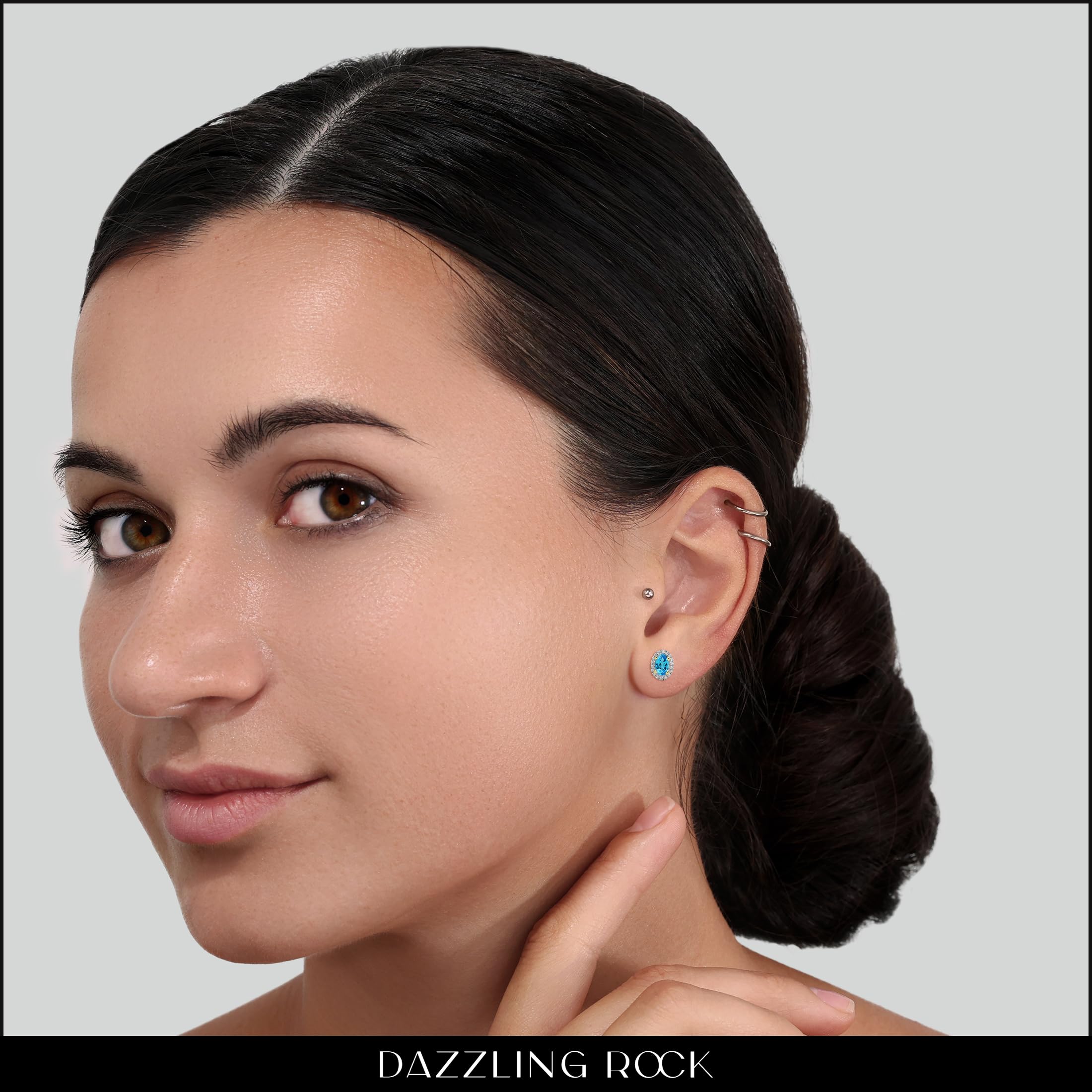 Dazzlingrock 10K Solid Yellow Gold Oval Gemstone & Round White Diamond Halo Stud Earrings for Women | 5x3mm Each | Elegant Jewelry Gift for Anniversary, Birthday & Special Occasions