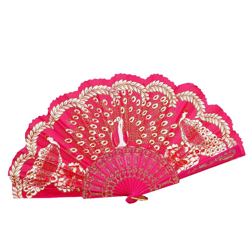 NP Peacock Chinese Fan Dance Fan - Traditional Ancient Folding Fan for Women, Rose Red Plastic Hanfu Fan | Perfect for Dance Performances, Cultural Events & Costume Accessories
