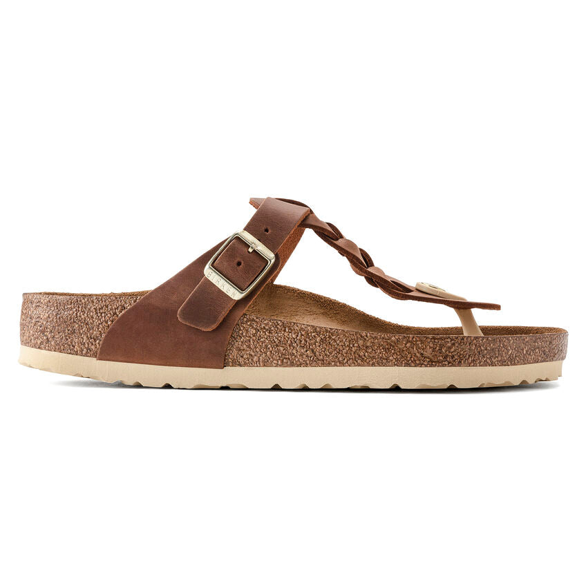 Birkenstock Gizeh Braid Oiled Leather Sandals for Women - Cognac Brown Comfort Footbed - Perfect for Summer, Beach, and Casual Outings