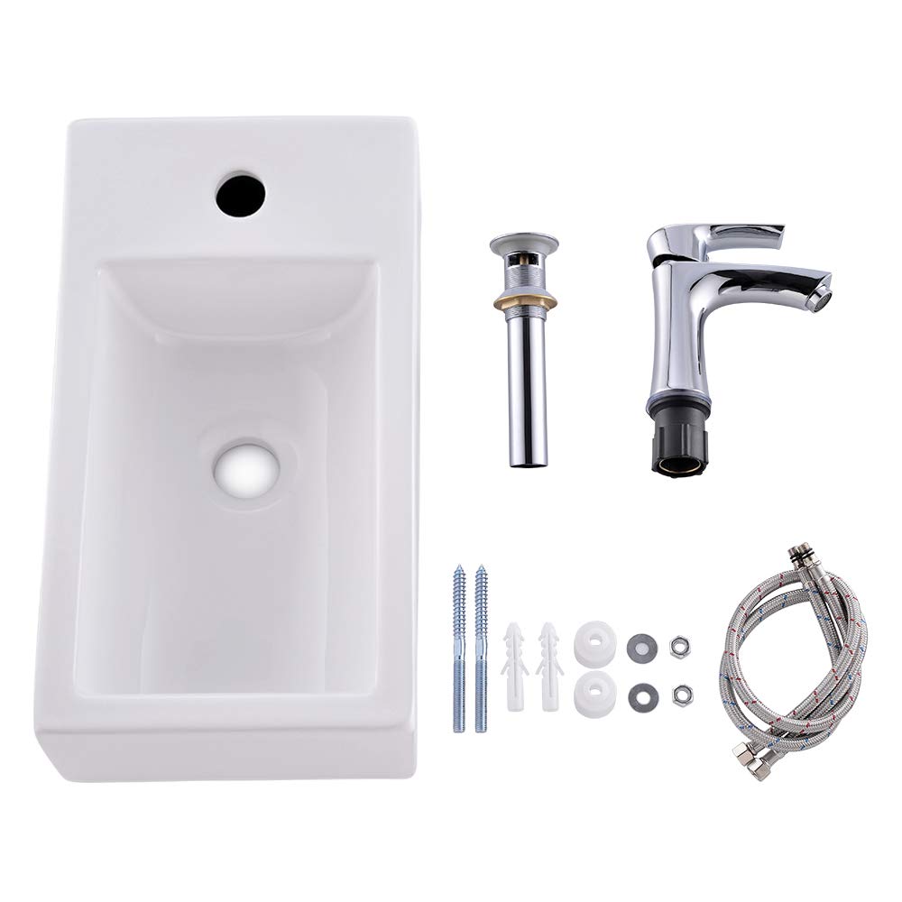 Bokaiya 18 Inch White Porcelain Corner Bathroom Sink with Faucet & Drain - Wall Mount Small Rectangle Ceramic Vanity Sink (Right Hand) - Perfect for Small Bathrooms, Powder Rooms & Space-Saving Designs