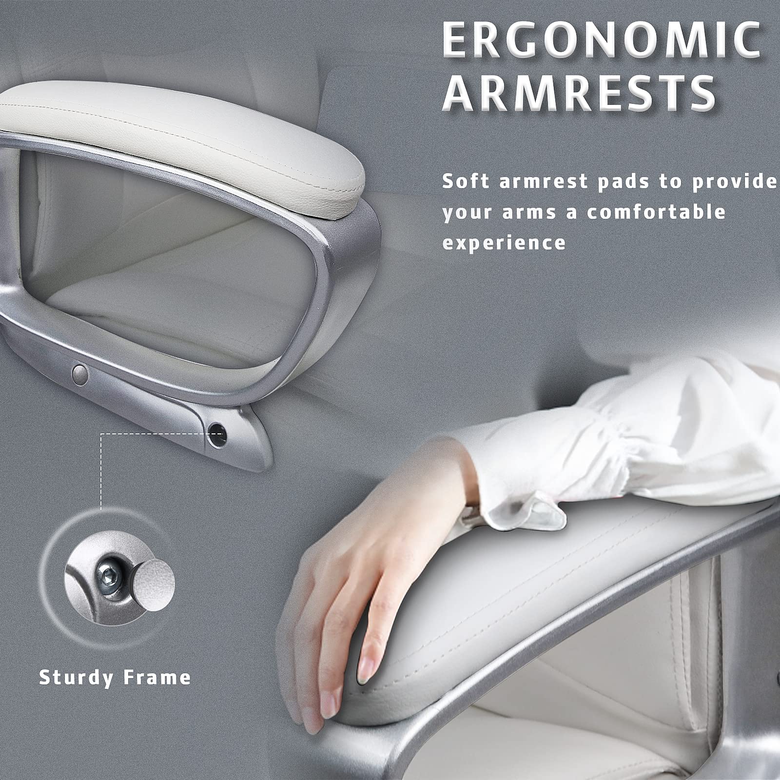 LEMBERI Ergonomic Office Desk Chair - Big & Tall Executive High Back Computer Chair with Adjustable Height, PU Leather & Cushion Support - Perfect for Long Hours Sitting in Home Office or Workspace (White)