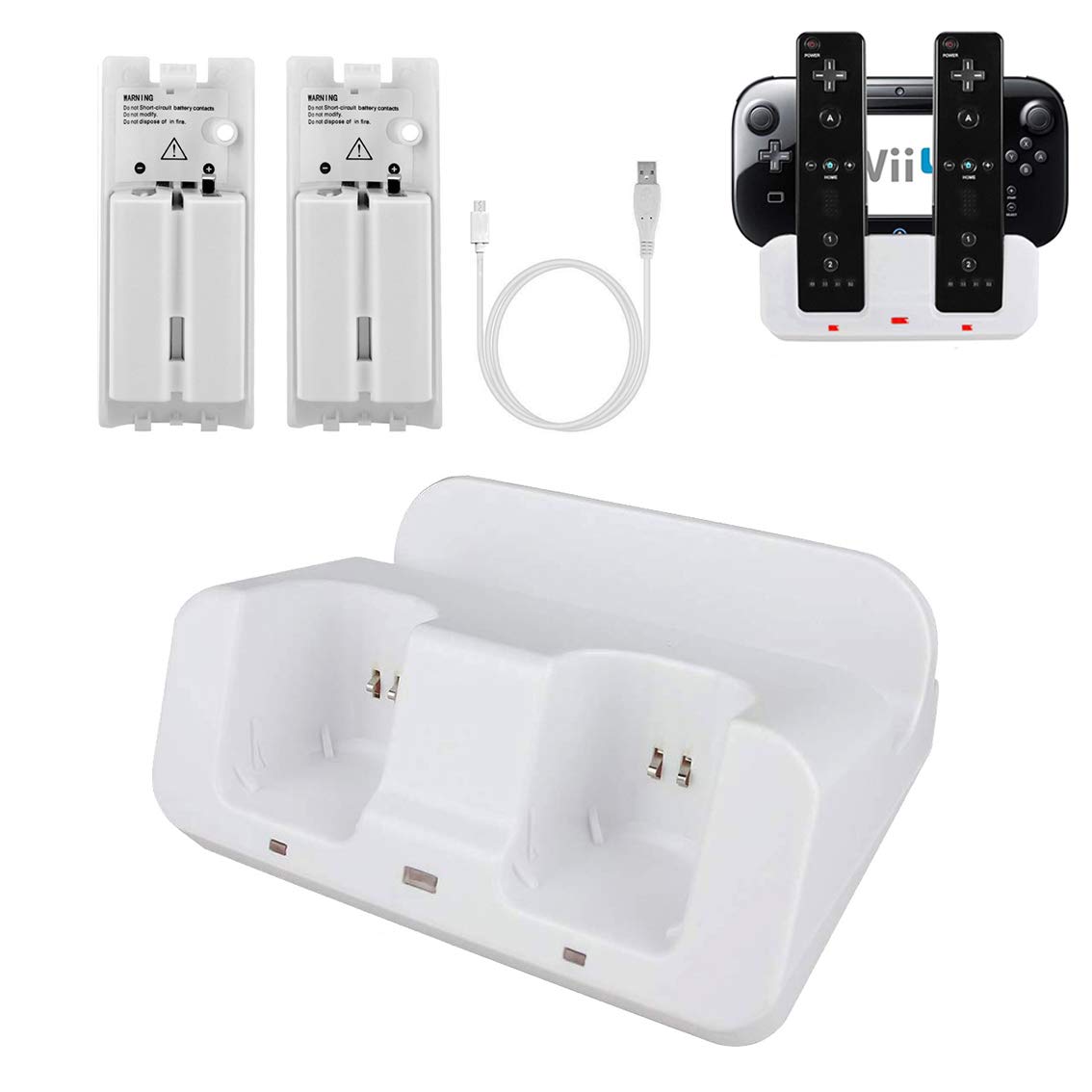 Wii U Charger Dock Station for Wii Remote & Wii U Gamepad with 2 Rechargeable Batteries & Charging Cable - White | Fast Charging LED Indicator | Perfect for Gaming Sessions & Multiplayer Parties