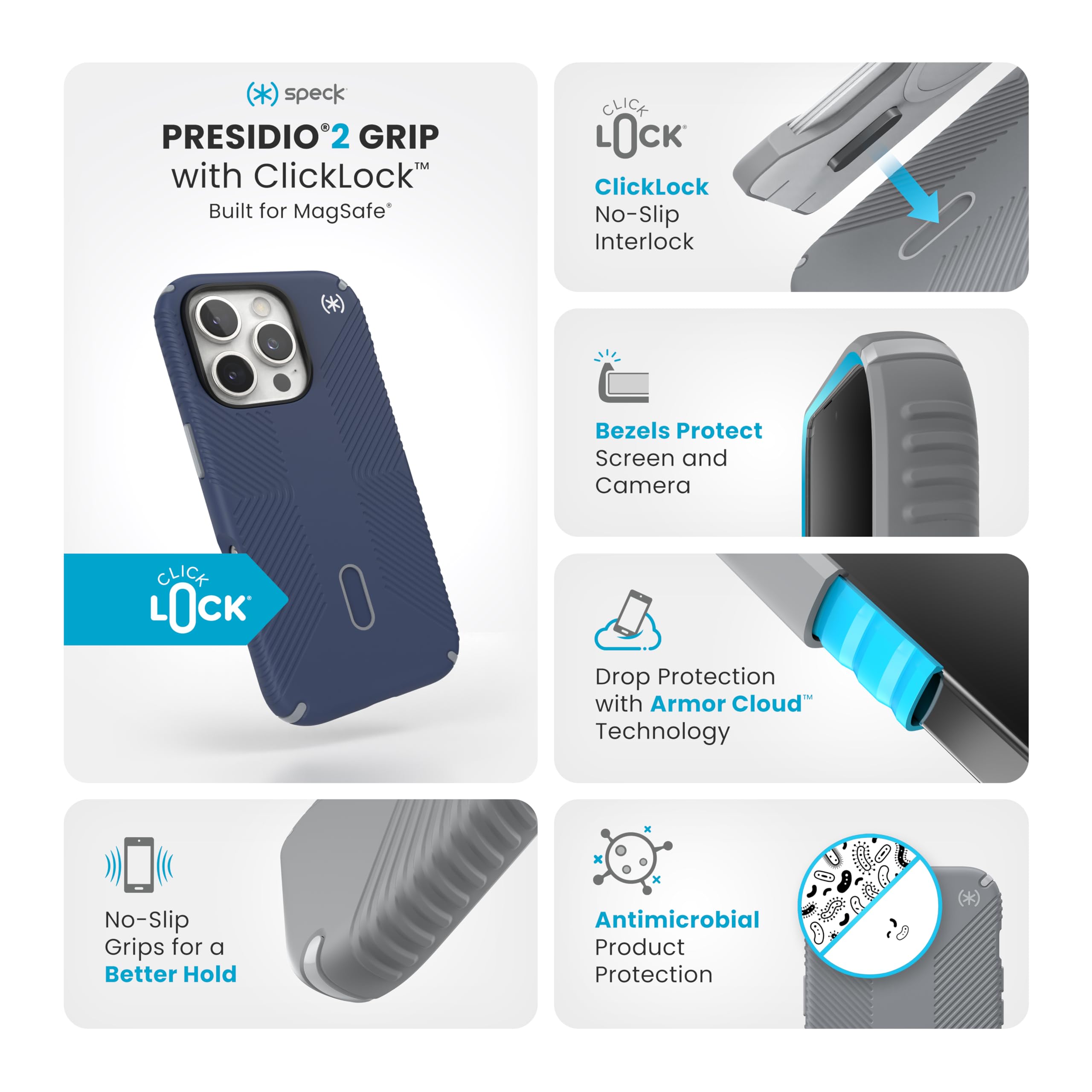Speck Presidio 2 Grip iPhone 16 Pro Case with MagSafe & ClickLock - Slim Protective Cover in Coastal Blue/Dust Grey - Perfect for Work, Travel & Everyday Use