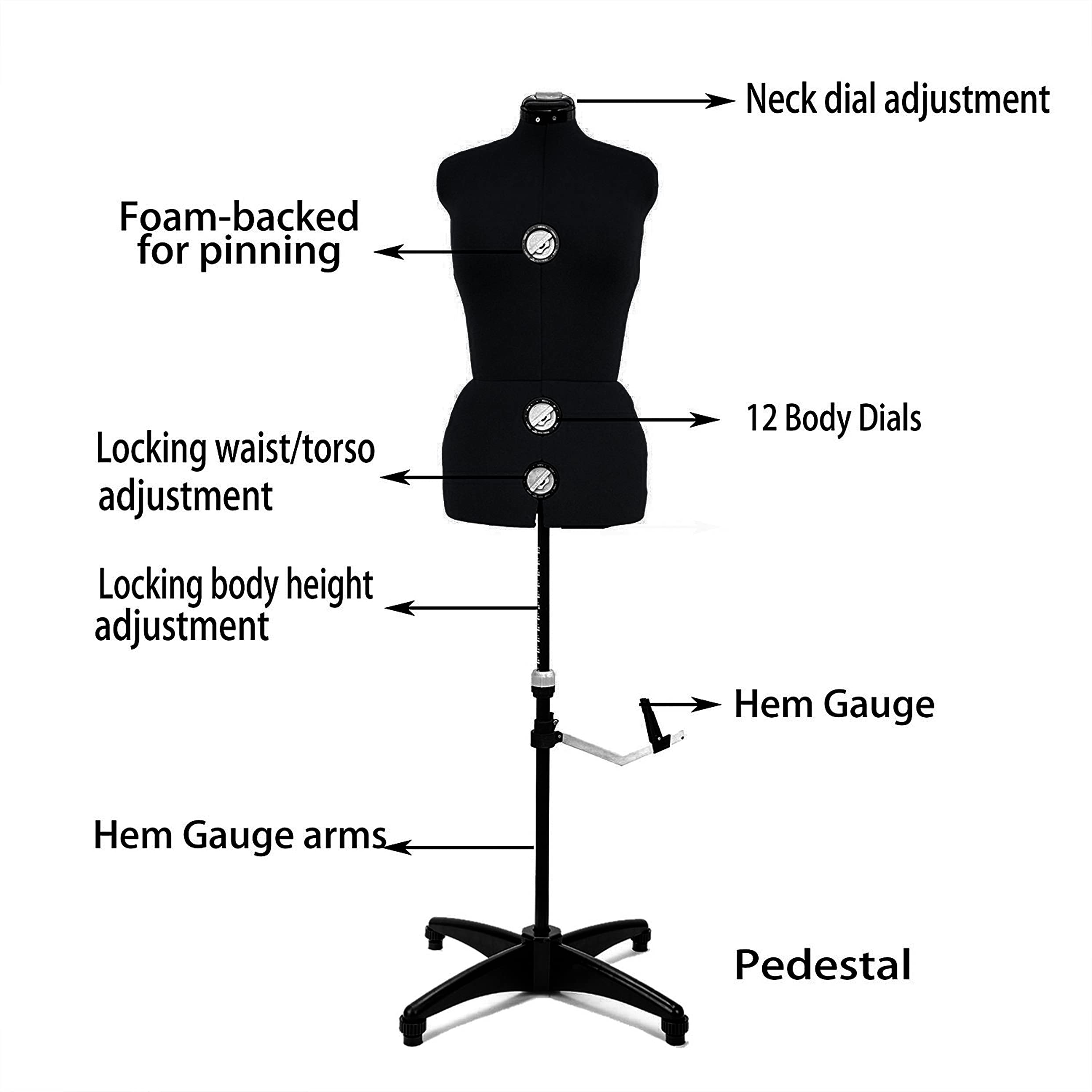 BHD BEAUTY Adjustable Dress Form Mannequin for Sewing - 13 Dials, Black Fabric, Tri-Pod Stand, Up to 70