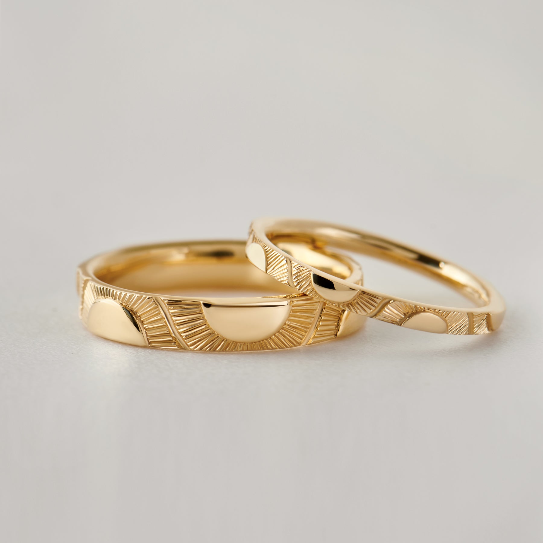 Hand Engraved Wedding Band Set for Couples - Big Sun and Little Sun Design - Perfect for Anniversaries, Engagements & Romantic Gifts