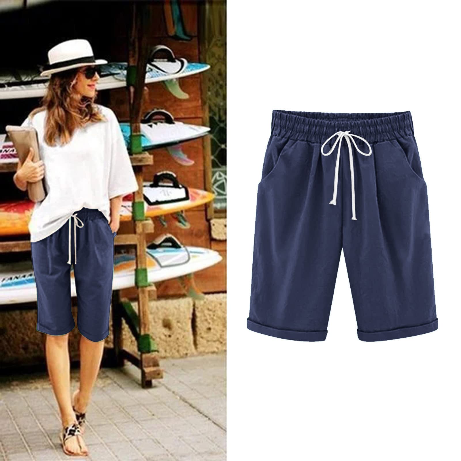 High Waisted Cotton Bermuda Shorts for Women - Summer Beach Wear