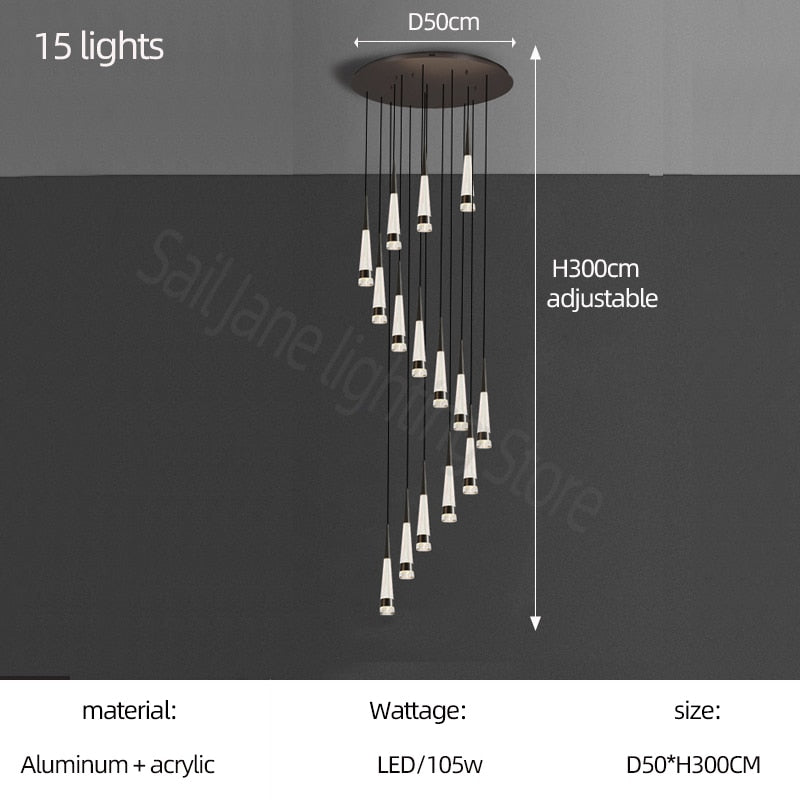 Spiral Cones Staircase Chandelier - Elegant Modern Lighting Fixture for Stairwell, Foyer & Entryway Decor