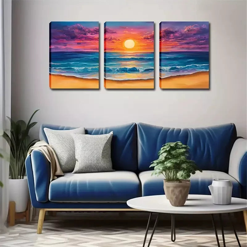 3-Piece Stunning Sun on the Sea Wall Art Set - Framed Canvas 40x60cm (16x24in) - High Quality Print - 100% Australian Made - Ready to Hang - Perfect for Living Room, Bedroom & Office Decor