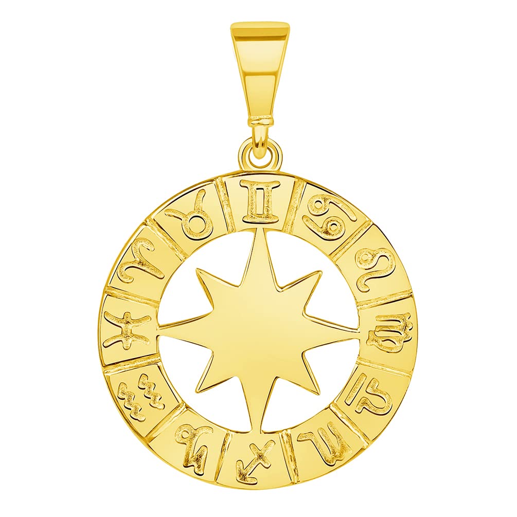 14K Yellow Gold Zodiac Star Compass Calendar Pendant Necklace for Women - Elegant Round Horoscope Jewelry Gift for Birthday, Anniversary & Special Occasions