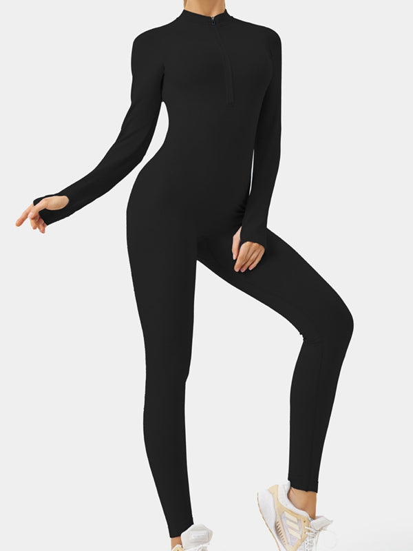 ZASUWA Women's Ribbed Thumbhole Jumpsuit - Stretchy Long Sleeve One Piece Romper for Casual Wear, Workout & Lounge