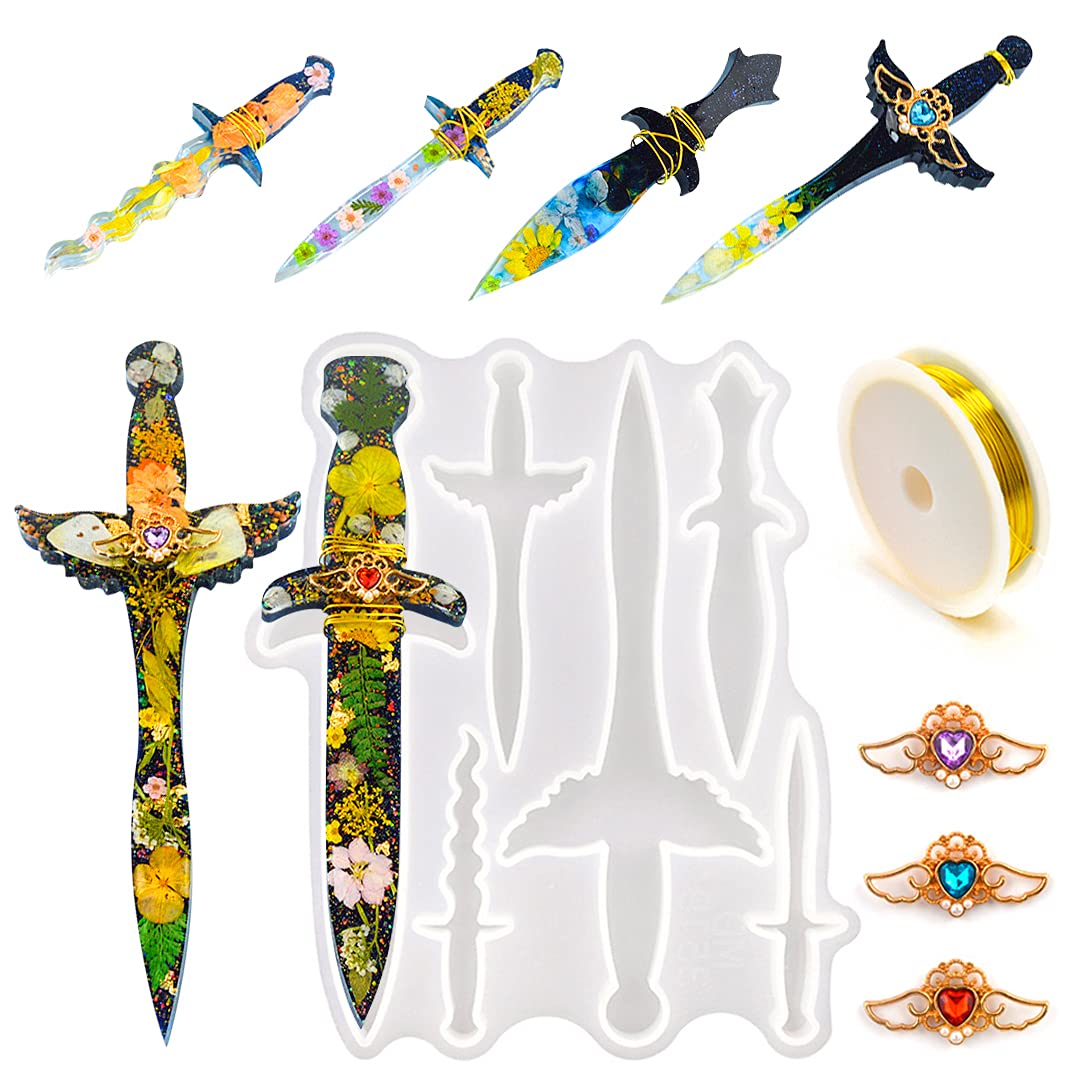 Epoxy Resin Dagger Molds - 6-Piece Silicone Jewelry Casting Set with Golden Craft Wire for Keychains, Cosplay, Theater Costumes & Home Decor | DIY Craft Supplies for Resin Art Projects