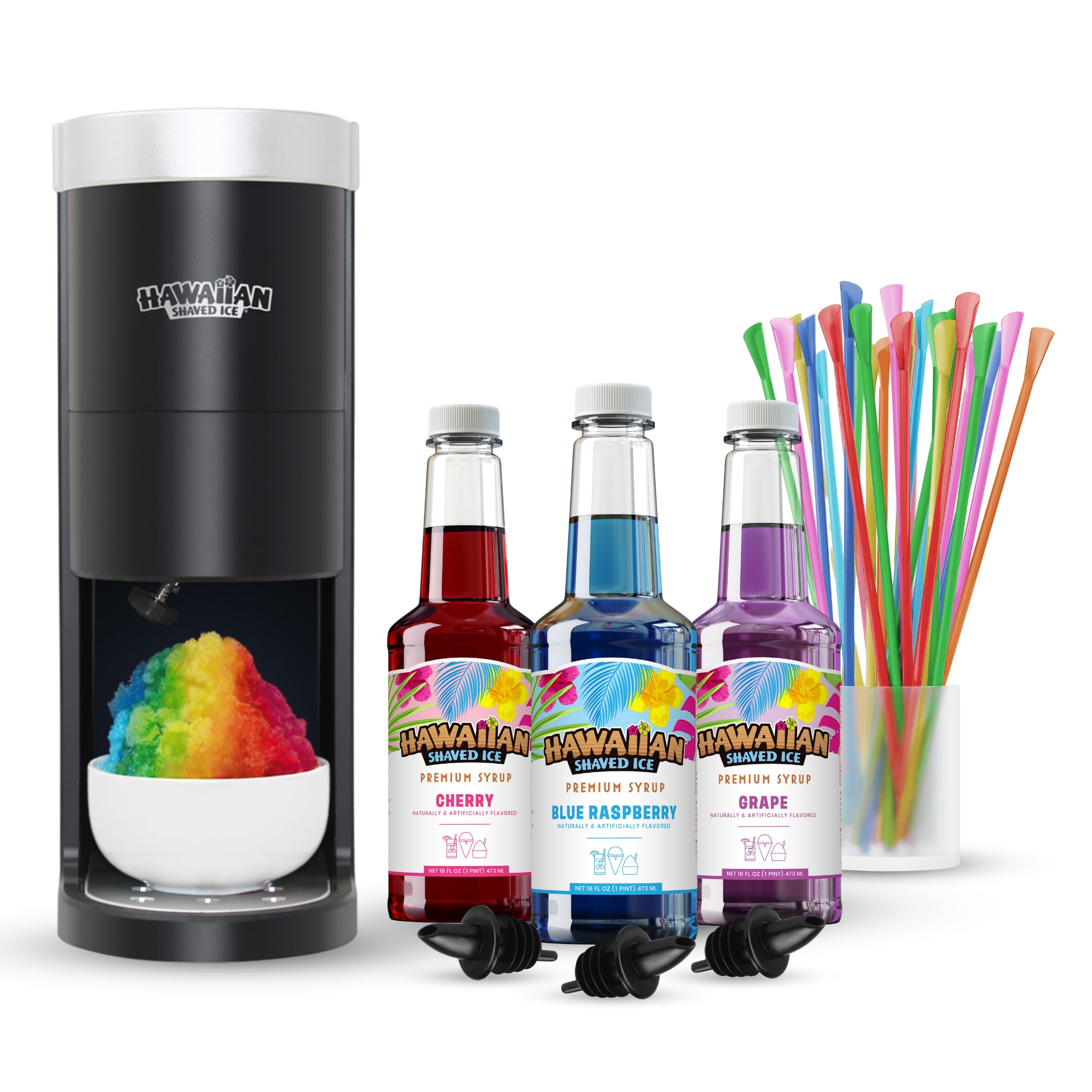 Hawaiian Shaved Ice Machine Kit with 3-16oz Syrup Flavors (Cherry, Grape, Blue Raspberry) - Includes 50 Spoon Straws & 3 Black Pour Spouts for Home Parties, Summer Treats & Kids Snacks