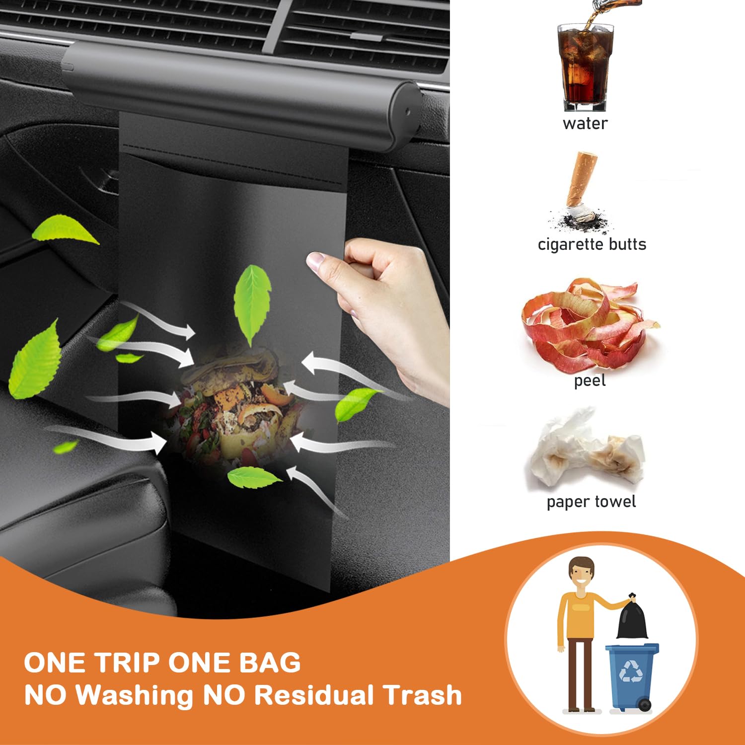 Waterproof Hanging Car Trash Can with 42pc Trash Bags - Roller Type Back Seat Garbage Bin for Vehicles, Office & Kitchen Use | Perfect for Travel, Camping & Road Trips (Black)