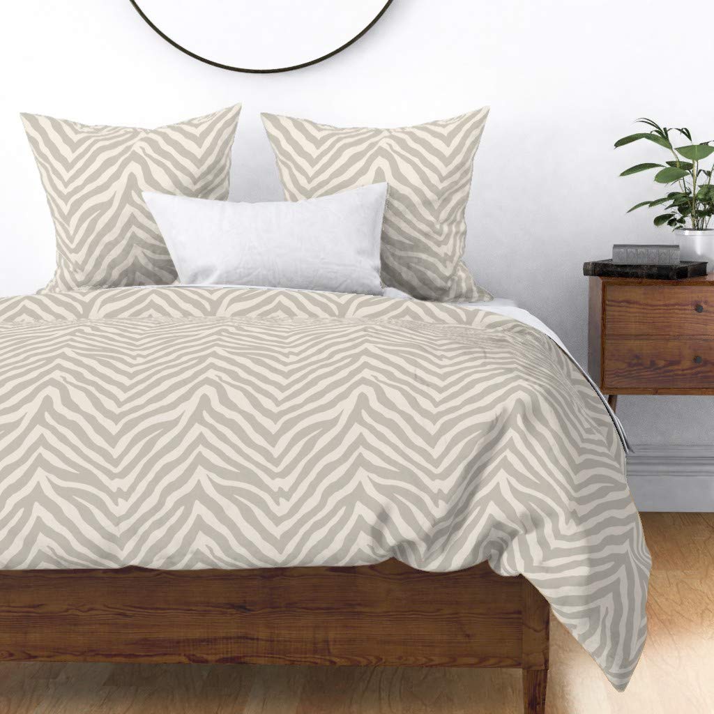 Premium Cotton Sateen Duvet Cover King/California King - Soft Gray Beige Zebra & Tiger Animal Print with Chevron Pattern | Custom Luxury Bedding for Modern & Bohemian Bedrooms