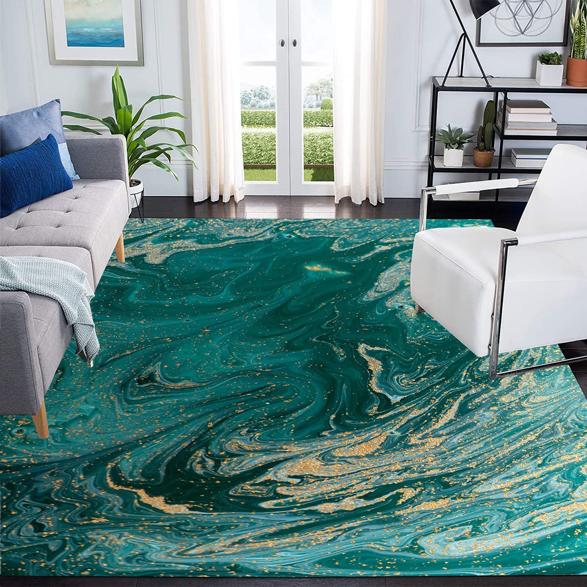 Rustic Green Gold Abstract Modern Area Rug 8x10 - Boho Chic Soft Washable Carpet for Living Room, Bedroom & Home Office - Durable Accent Rug Under Dining Table - Perfect for Bohemian Decor & Cozy Spaces