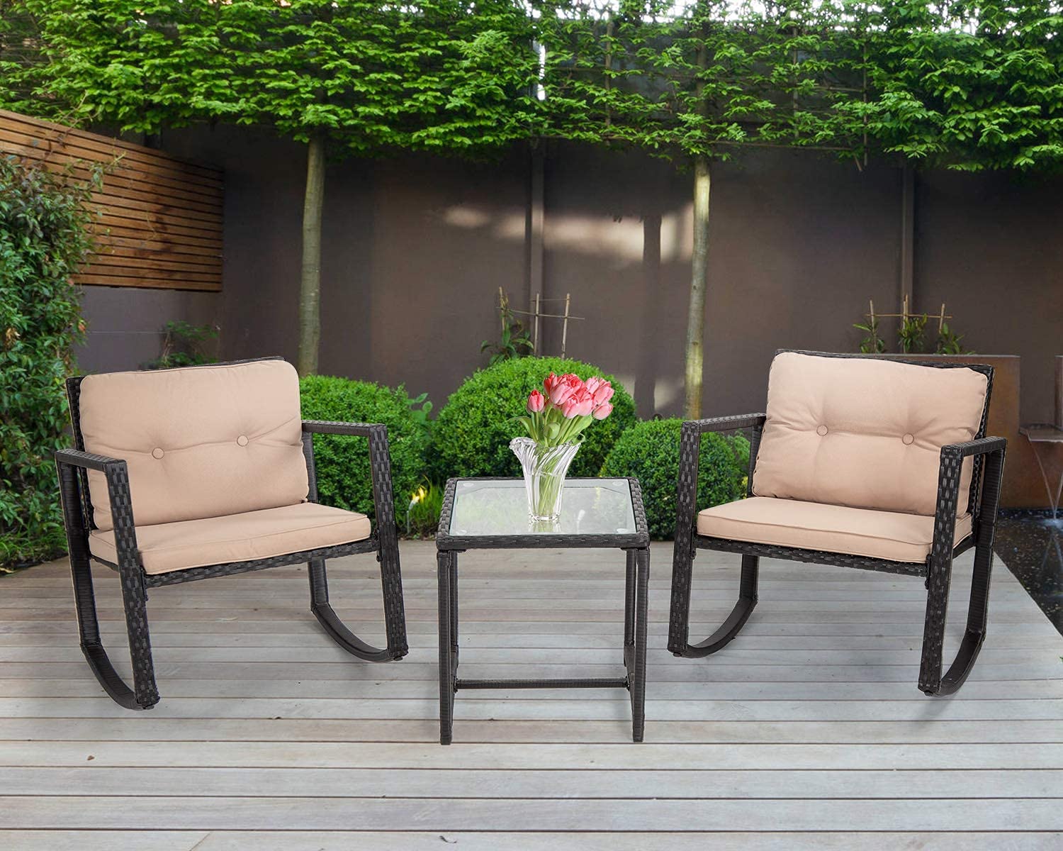 Modern 3-Piece Outdoor Patio Set - Wicker Rocking Bistro Furniture with Coffee Table for Garden, Yard & Balcony | Perfect for Relaxing, Entertaining & Outdoor Dining