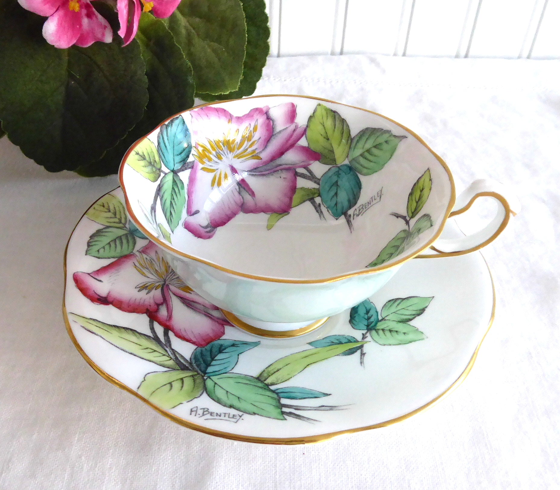 Vintage Rosina Lilies Cup and Saucer Set - Hand-Painted by Bentley Artist, Pale Blue Floral Design (1930s Antique China) | Perfect for Tea Parties, Vintage Collections, and Home Décor
