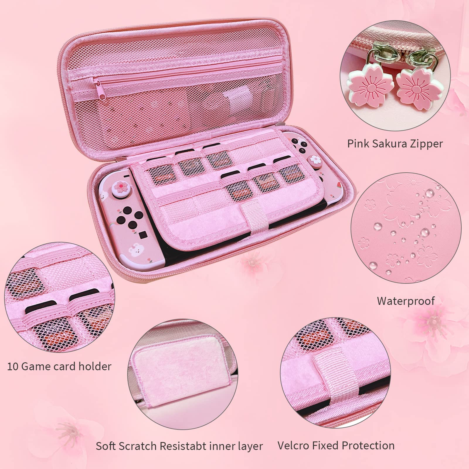Pink Nintendo Switch OLED Case 2021 - Sakura Design Hard Shell Protective Cover with HD Screen Protector & 4 Thumb Grips | Shockproof Portable Storage for Travel & Gaming Accessories