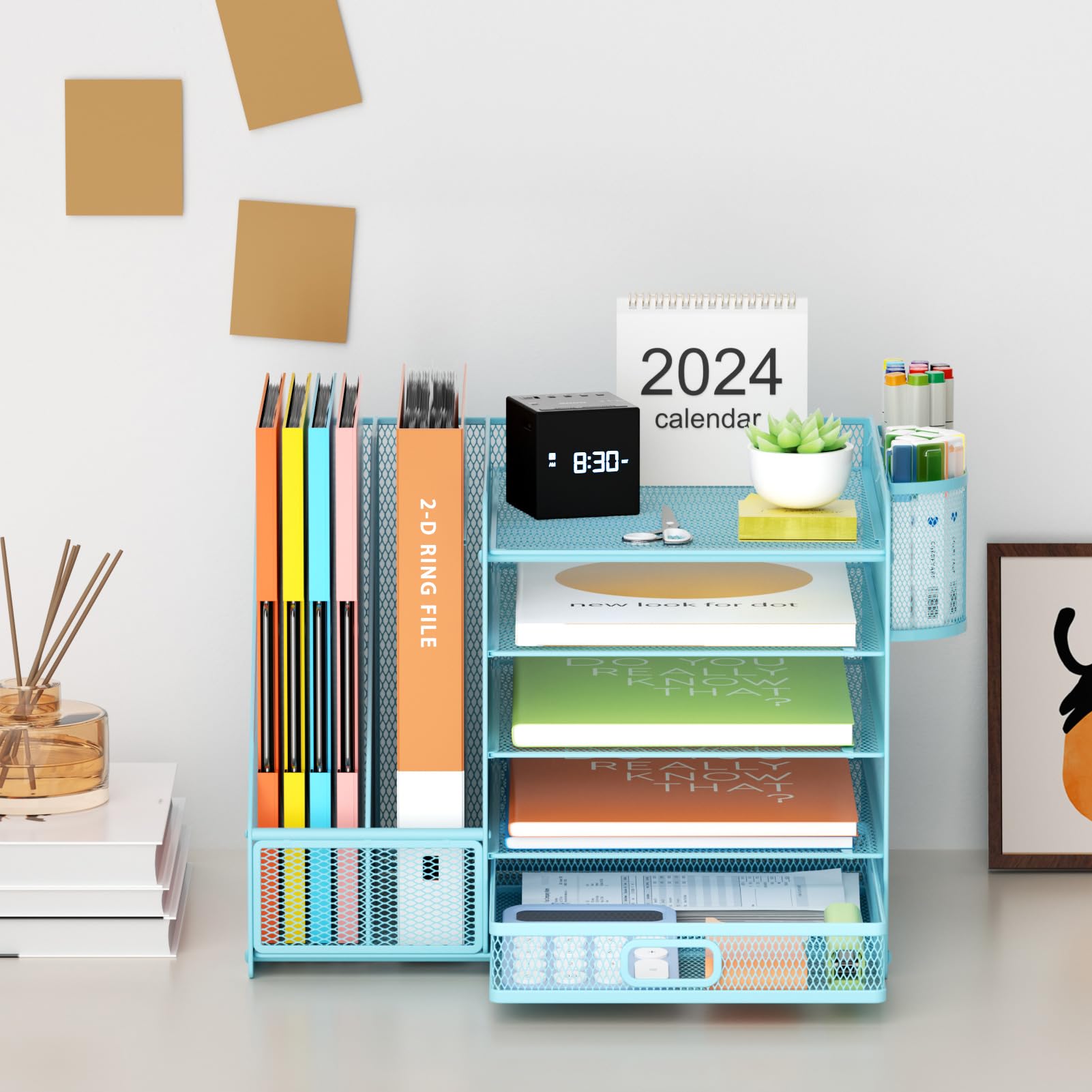 5-Tier Mesh Desk Organizer with File Holder, Drawer & Pen Holders - Office Paper Letter Tray, Magazine Storage for Supplies - Perfect for Home Office, School & Workspace Organization (Blue)