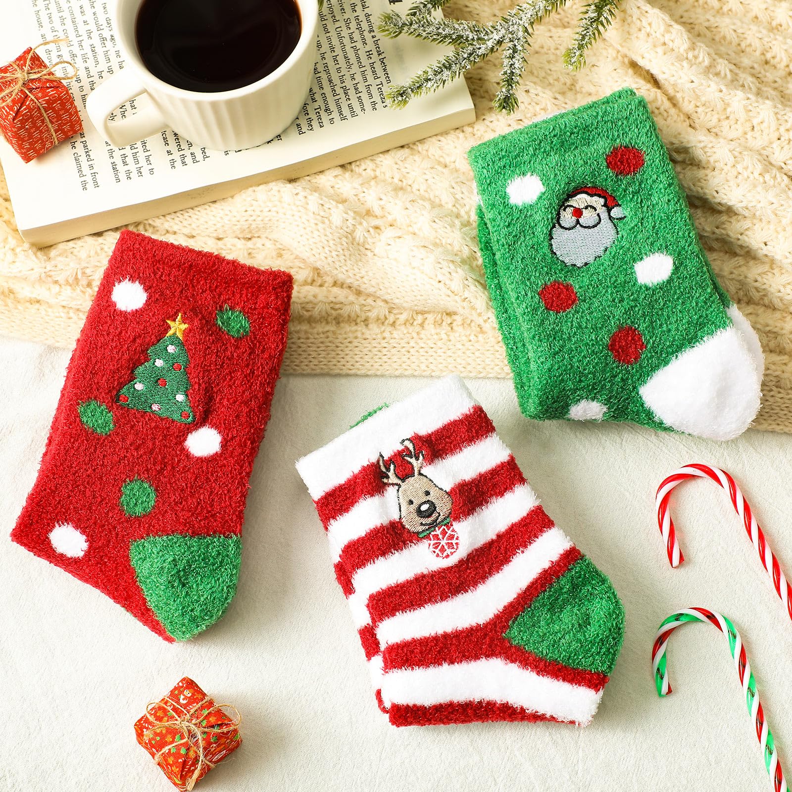 Aloe Vera Infused Moisturizing Christmas Socks - 3 Pairs Ultra Soft Fuzzy Holiday Socks with Colorful Patterns for Women & Men - Perfect for Spa, Gift Giving & Winter Foot Care