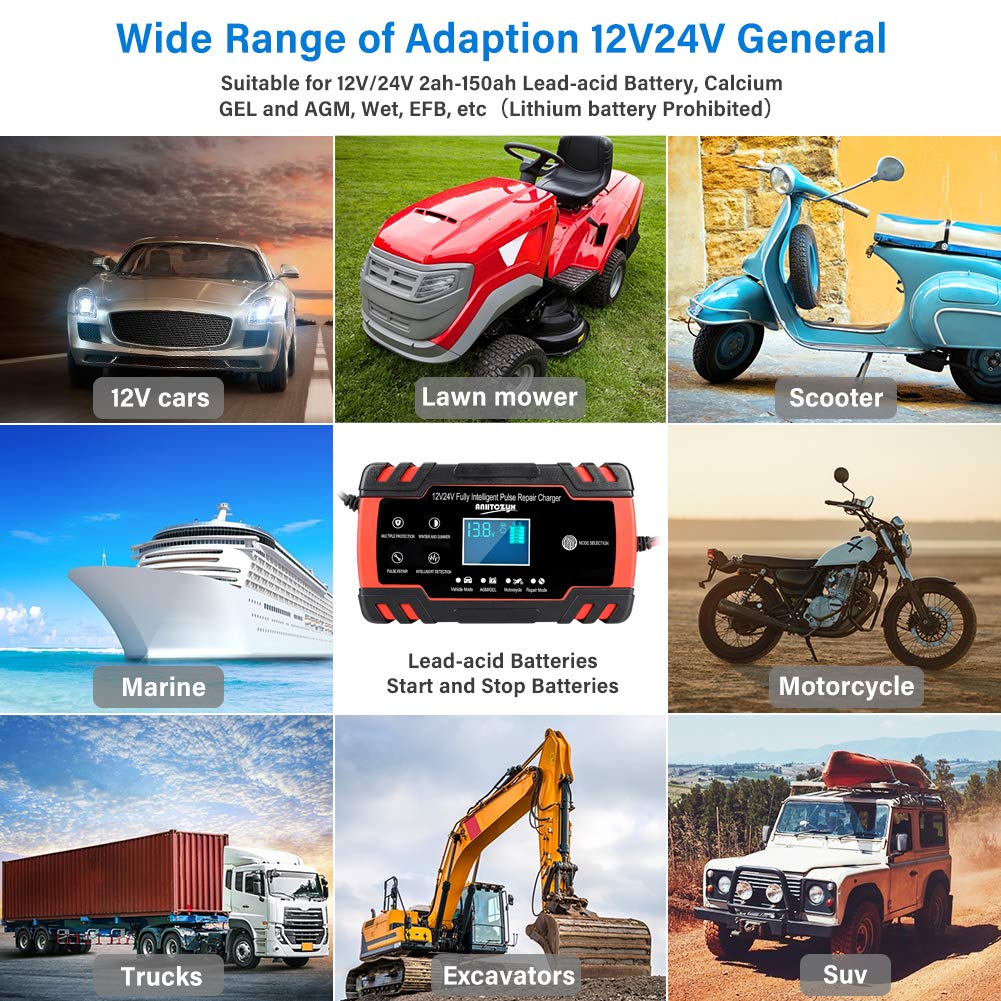 12V/8A 24V/4A Smart Car Battery Charger with LCD Display - Pulse Repair Trickle Charger for Automotive, Truck, Motorcycle, Lawn Mower, Boat & Marine Batteries - Perfect for Home Garage, Road Trips & Emergency Vehicle Maintenance