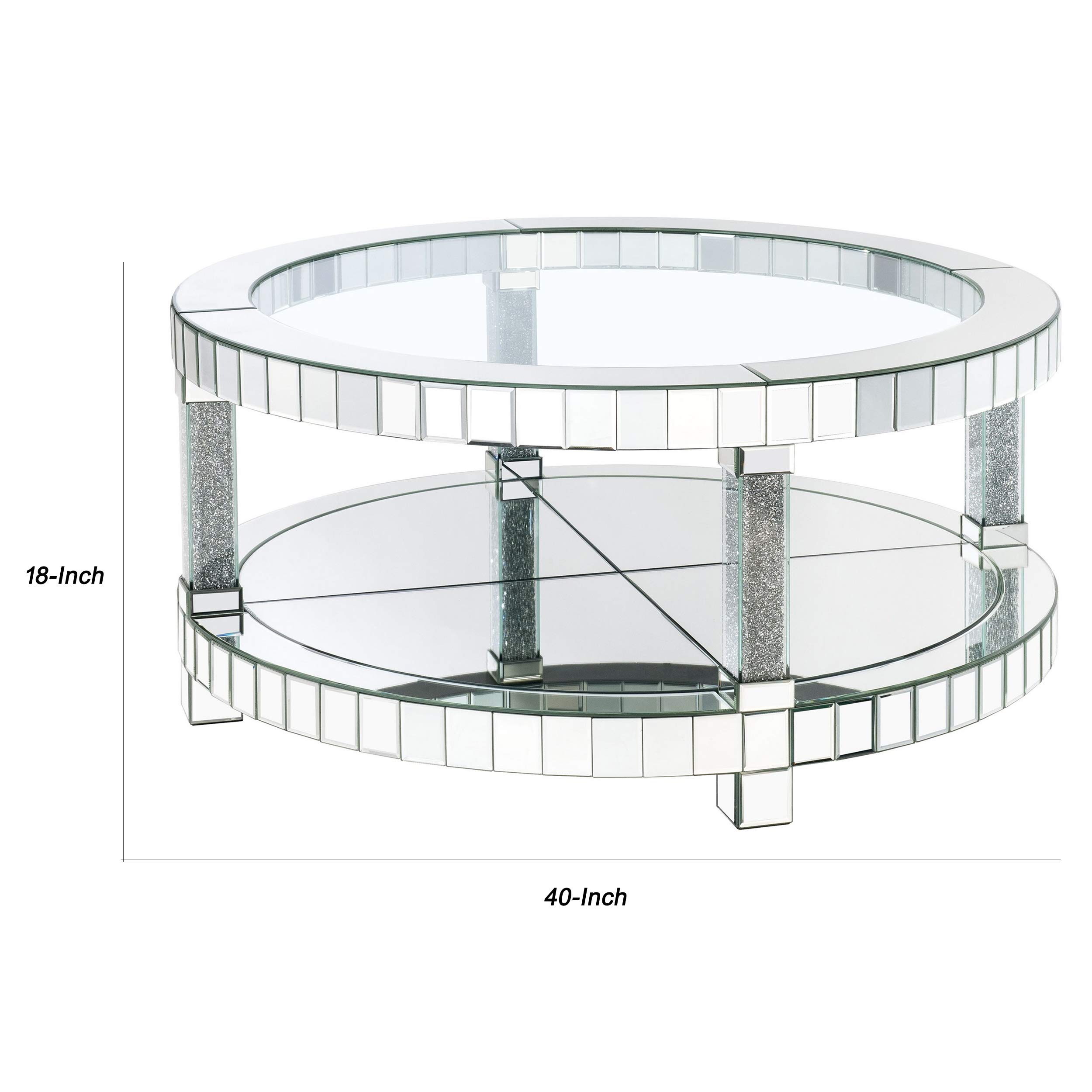 Benjara Silver Round Mirrored Coffee Table with Faux Diamond Accents and Bottom Storage Shelf - Perfect for Living Room, Lounge & Modern Home Decor