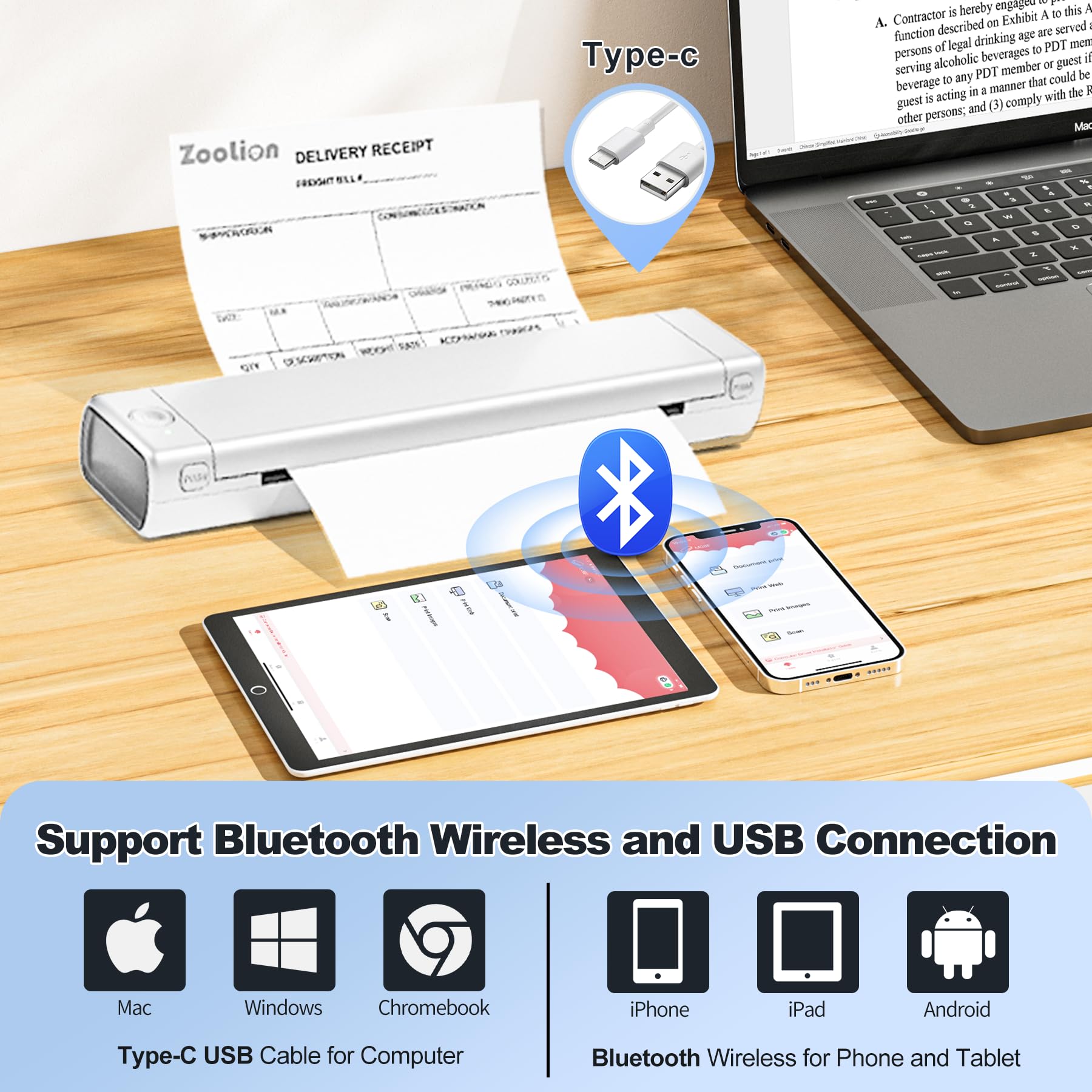 Zoolion M08F Portable Thermal Printer - Wireless, Inkless, Compact for Home Office & Travel - Supports 8.5