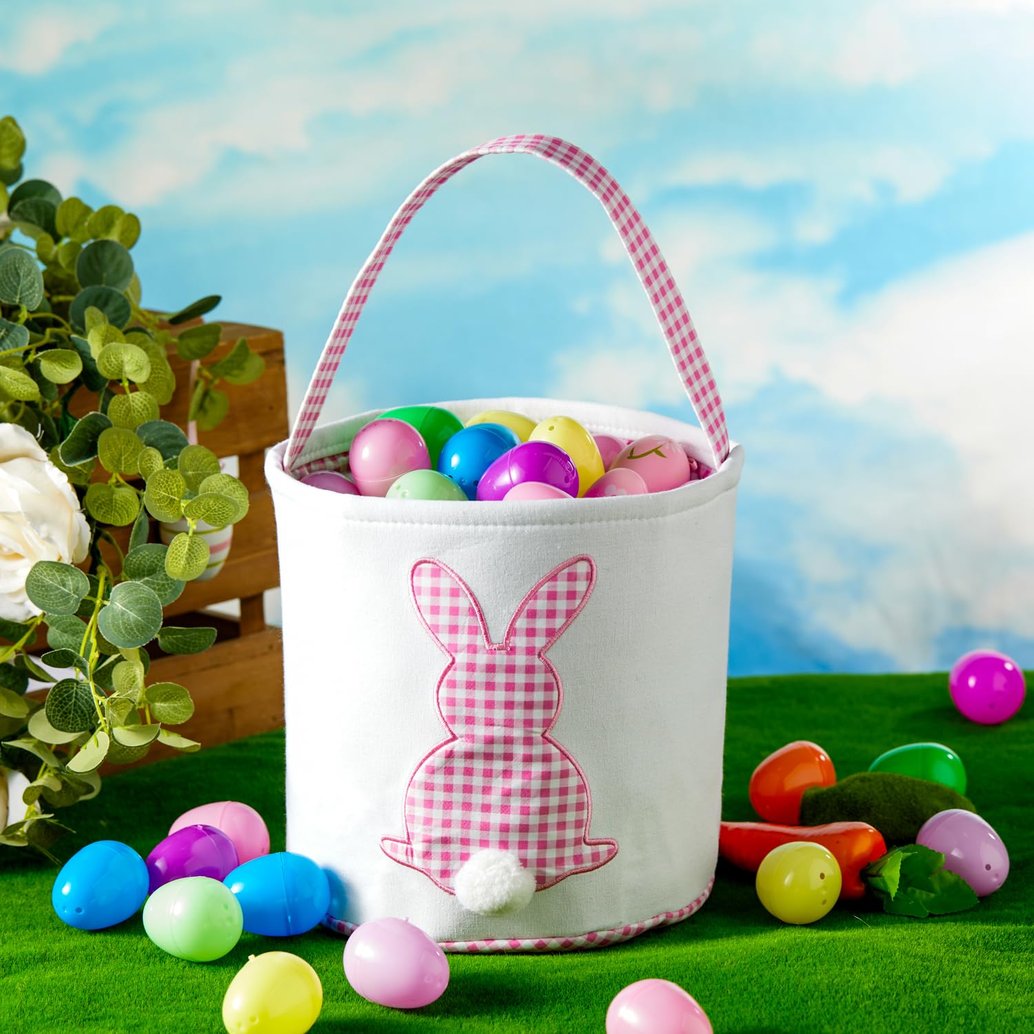 Easter Basket with Handle - Bunny Print Canvas Plaid Easter Bucket for Egg Hunt, Easter Baskets Bags with Fluffy Tail (Pink Plaid + Green Plaid) - Perfect for Easter Egg Hunts, Spring Decor & Kids Gift Giving