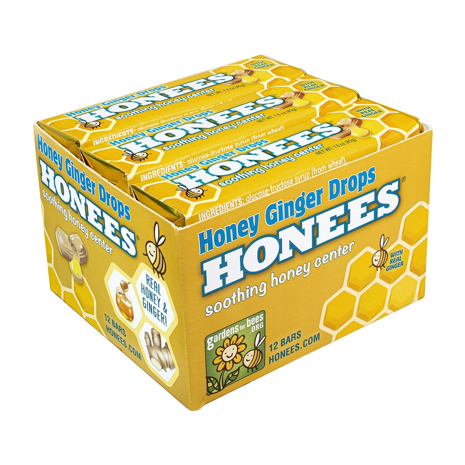 Honees Honey Ginger Drops Bar - 1.6oz (24 Count) - Natural Sore Throat Relief & Cough Drops for Adults & Kids - Perfect for Travel, Work & Home Use