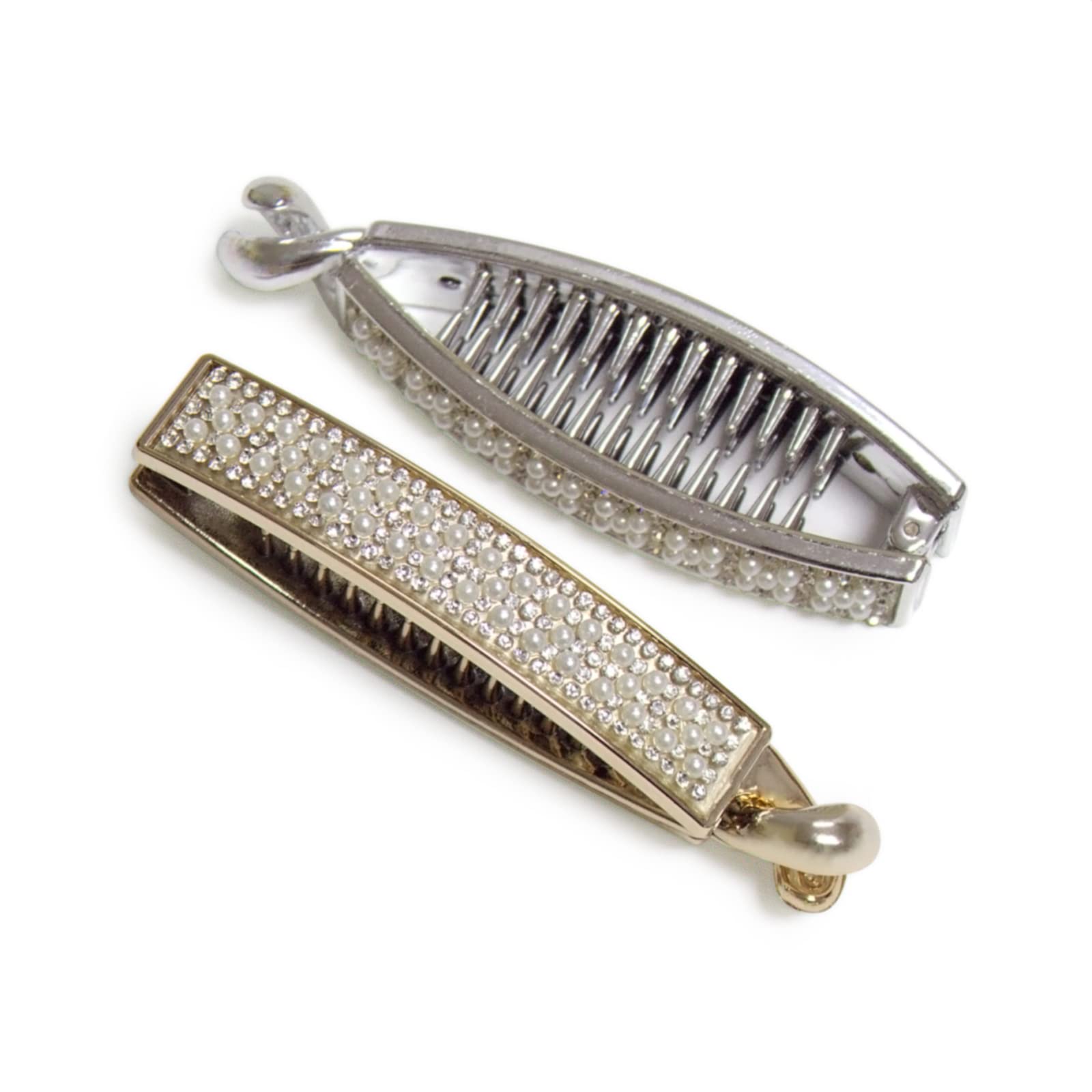 Rhinestone Acrylic Banana Hair Clips for Thick Hair - Gold & Silver Volumizing Claw Clip Barrettes for Women & Girls | Perfect for Updos, Ponytails & Everyday Hair Accessories