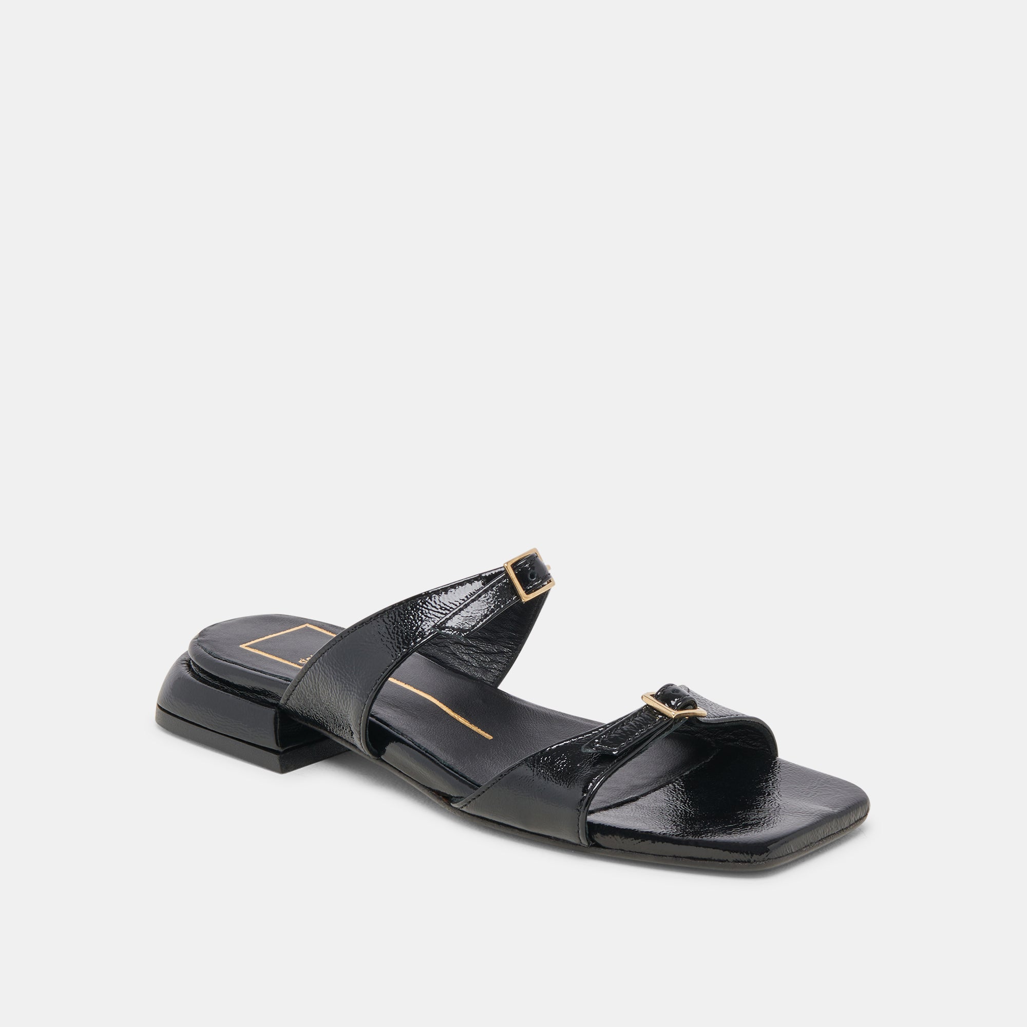 LAVERN SANDALS for Women - Midnight Crinkle Patent Leather Slide Sandals | Comfortable Summer Beach Shoes | Perfect for Vacation, Poolside & Casual Outings