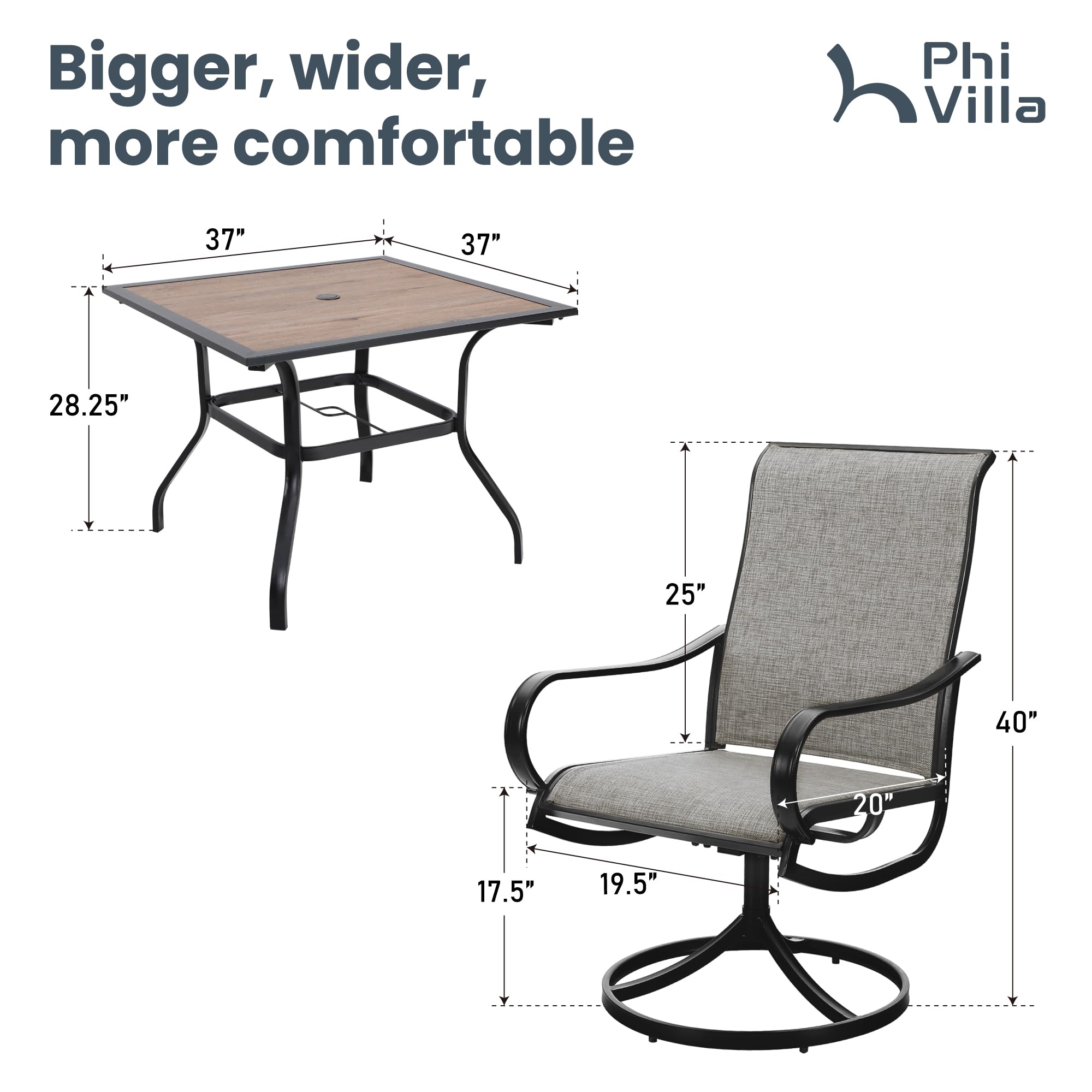 PHI VILLA 5-Piece Outdoor Patio Dining Set for 4 - Square Table & 4 Swivel Chairs (1.57