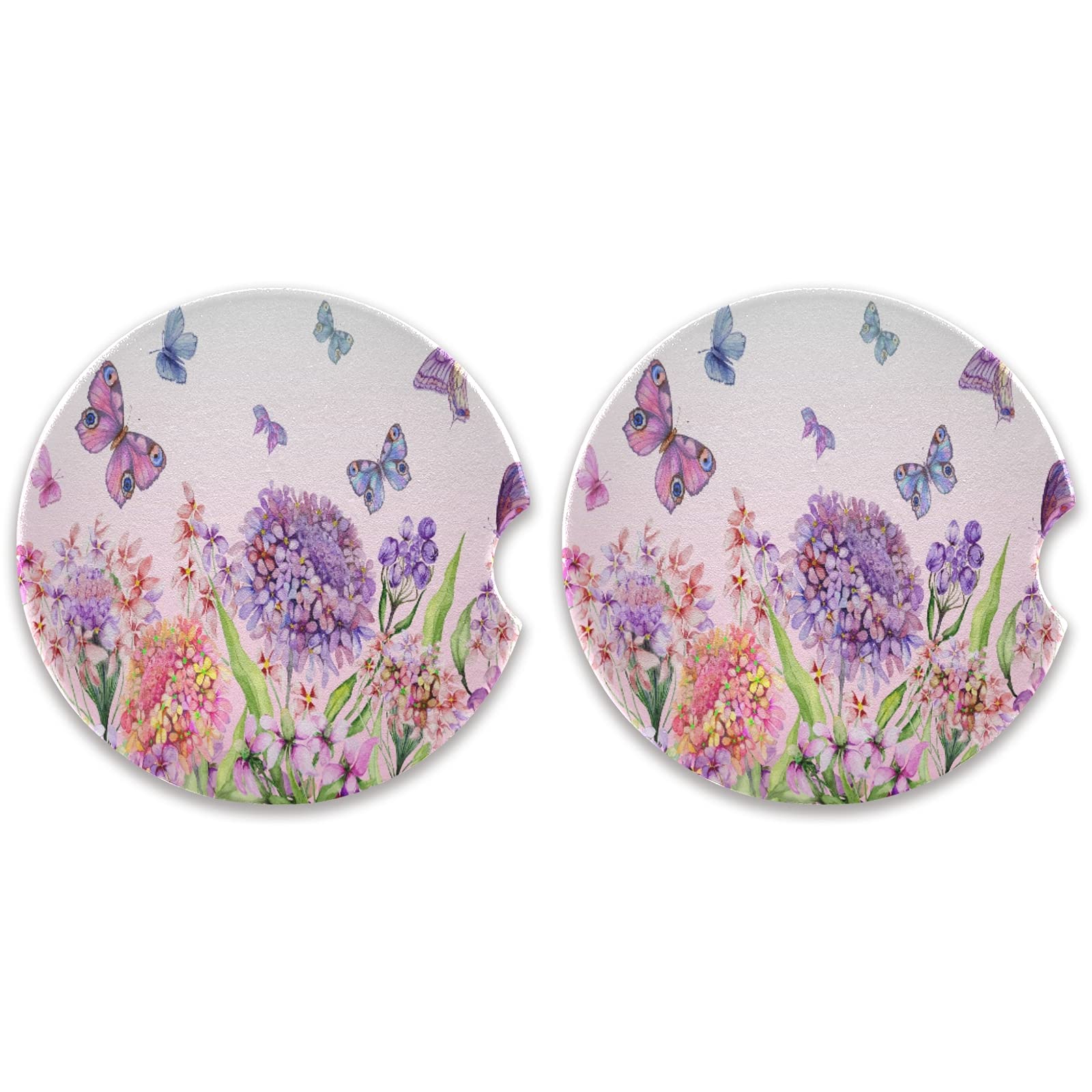 2 Pack Colorful Butterfly Car Coasters for Drinks - Absorbent Ceramic Cup Holder Coasters with Fingertip Grip (2.5 Inch) - Perfect for Cars, Trucks & SUVs to Prevent Spills & Protect Surfaces