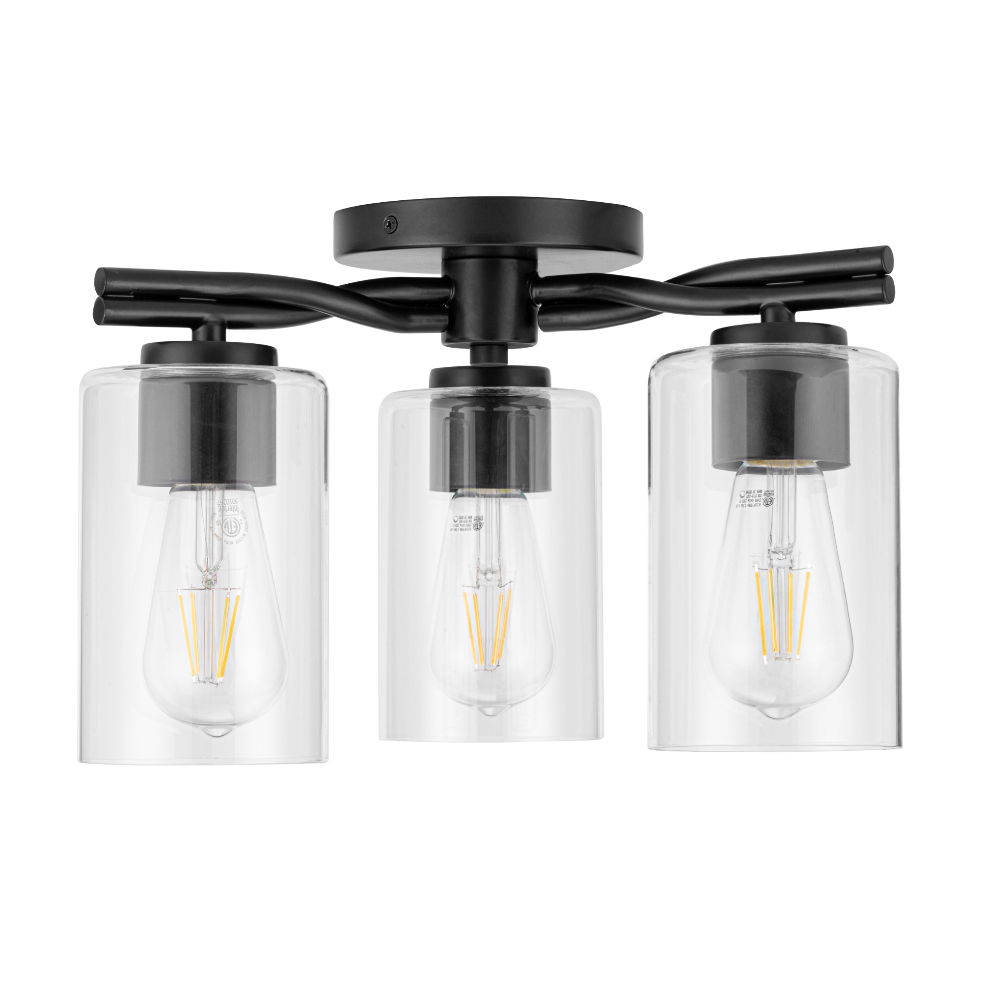 3-Light Semi Flush Mount Ceiling Light Fixture - Matte Black with Clear Glass Shades - Perfect for Bedroom, Living Room, Kitchen, and Hallway Lighting