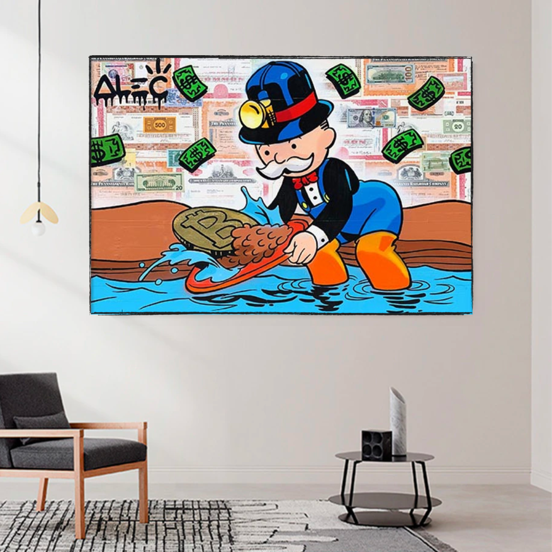 Alec Monopoly Man Bitcoin Mining Artwork - Unique Crypto Landscape Wall Decor for Home & Office - Perfect for Bitcoin Enthusiasts & Modern Art Collectors