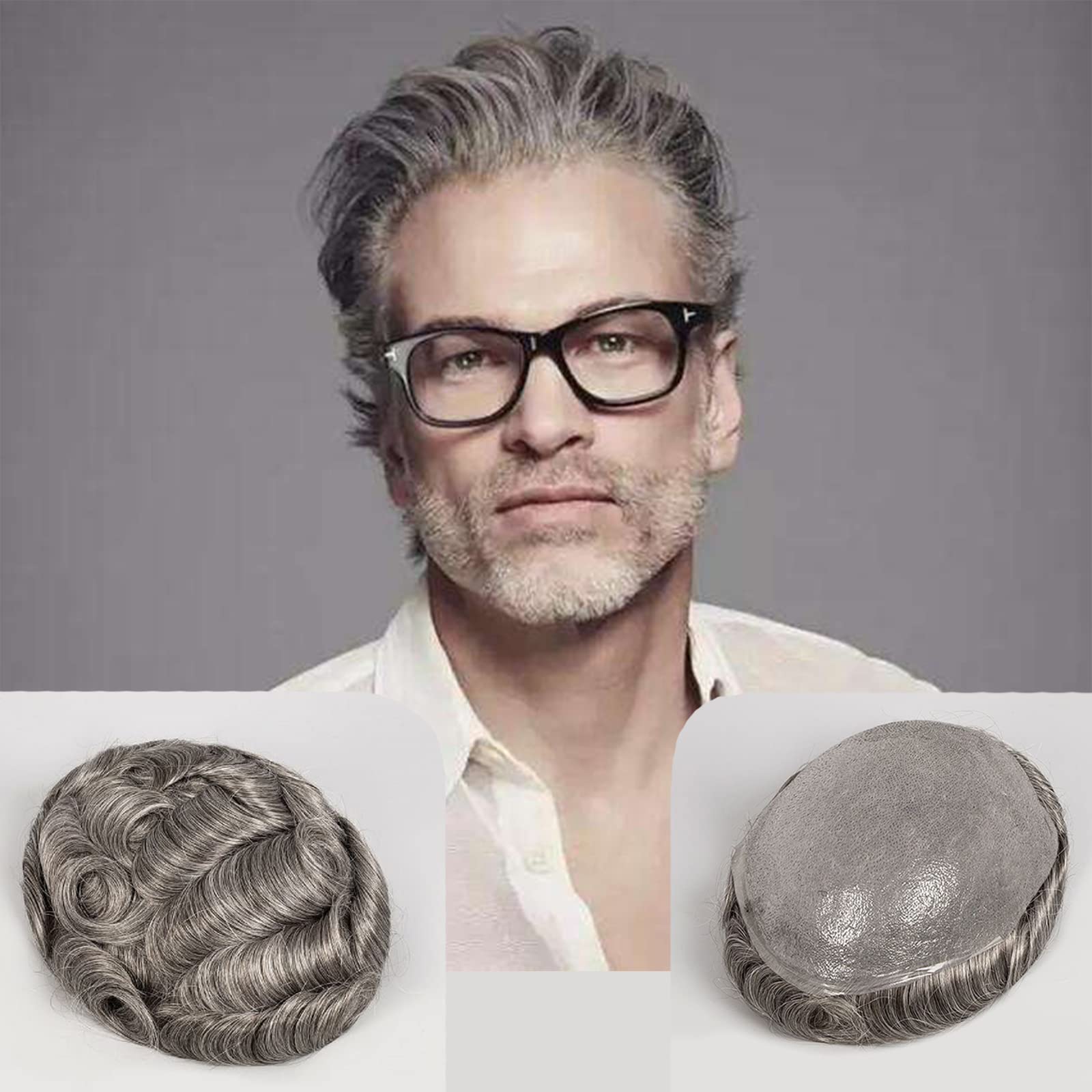Premium Men's Toupee - 0.03mm Ultra Thin Skin Human Hair System - Soft, Breathable 8x10 Inch Base Cap - #1B60 Off Black with 60% Gray - Natural Looking Hair Replacement for Daily Wear & Special Occasions