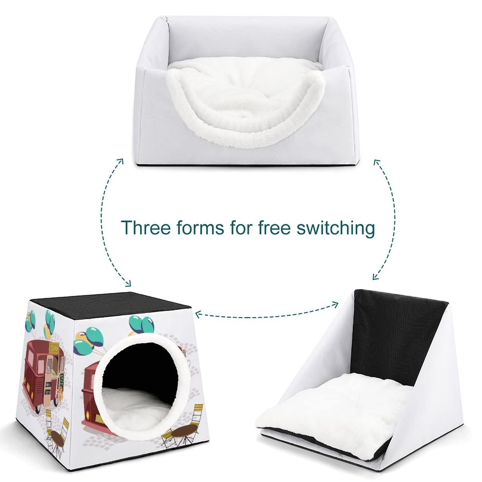 Printed Cat Cube Kitty House - Indoor Cat Bed & Small Dog Shelter, Warm Cozy Pet Sofa with Food Truck Illustration - Perfect for Pet Naps, Playtime & Home Decor