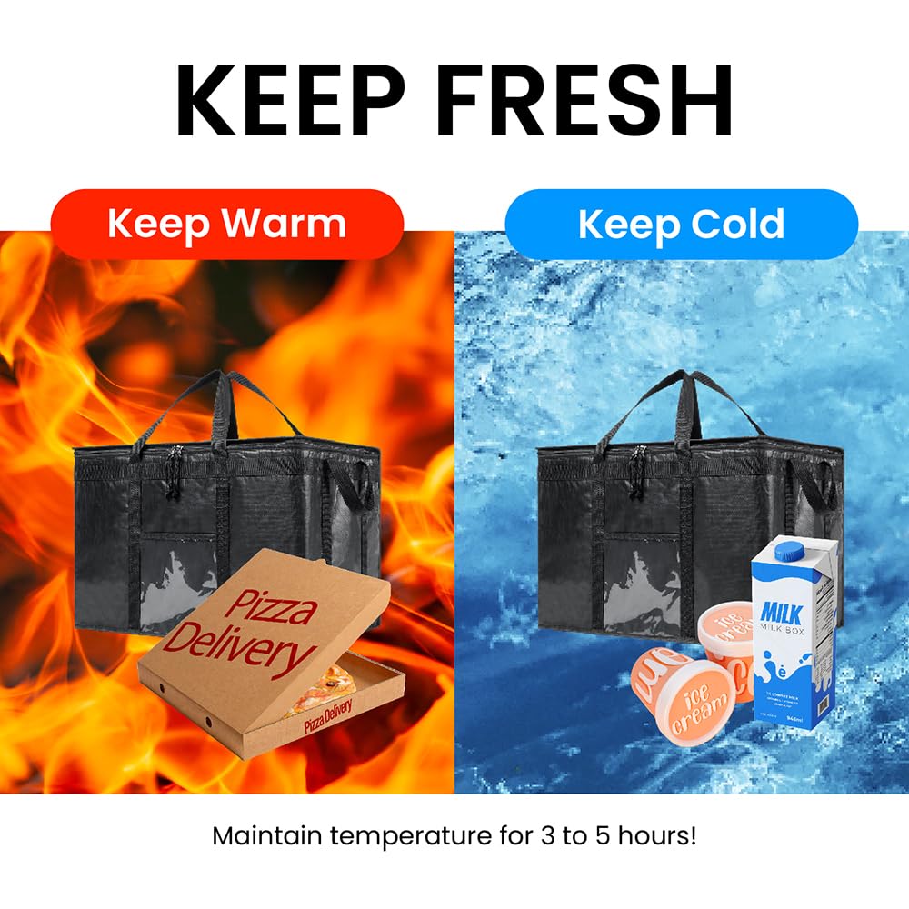 NZ Home Durable PRO Insulated Cooler Bag & Food Warmer (3XL, 2 Pack) - Heavy Duty Commercial Grade with Zippered Top - Perfect for Food Delivery, Grocery Shopping, Picnics & Outdoor Activities - Black
