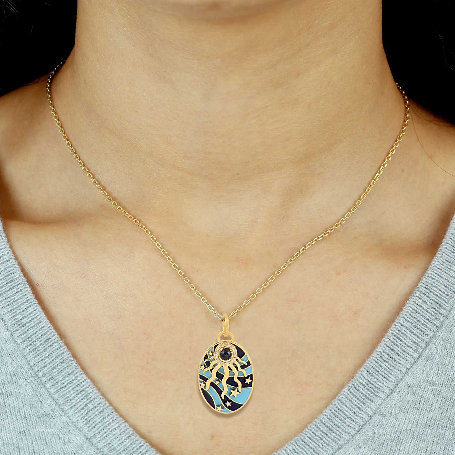 14K Yellow Gold Blue Sapphire Pave Diamond Sunburst Enamel Pendant Necklace - Elegant Jewelry Gift for Women, Perfect for Weddings, Anniversaries & Special Occasions